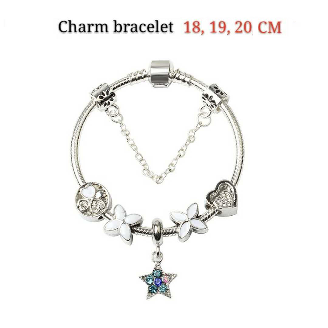 Women Silver Plated Bracelet Snake Chain with Classic Bead Barrel Clasp and Blue Star Pendant