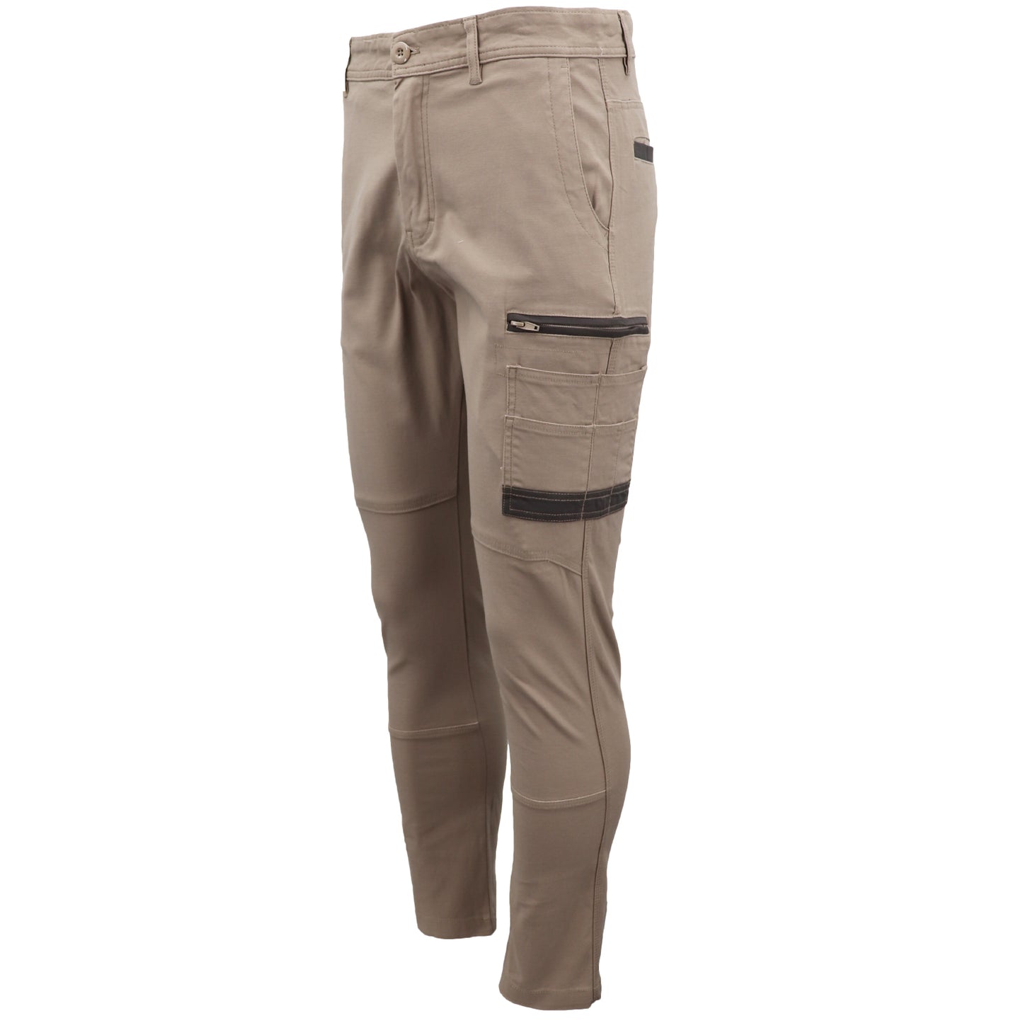 Men's Cotton Drill Cargo Work Pants UPF 50+ 13 Pockets Tradies Workwear Trousers, Khaki, 28