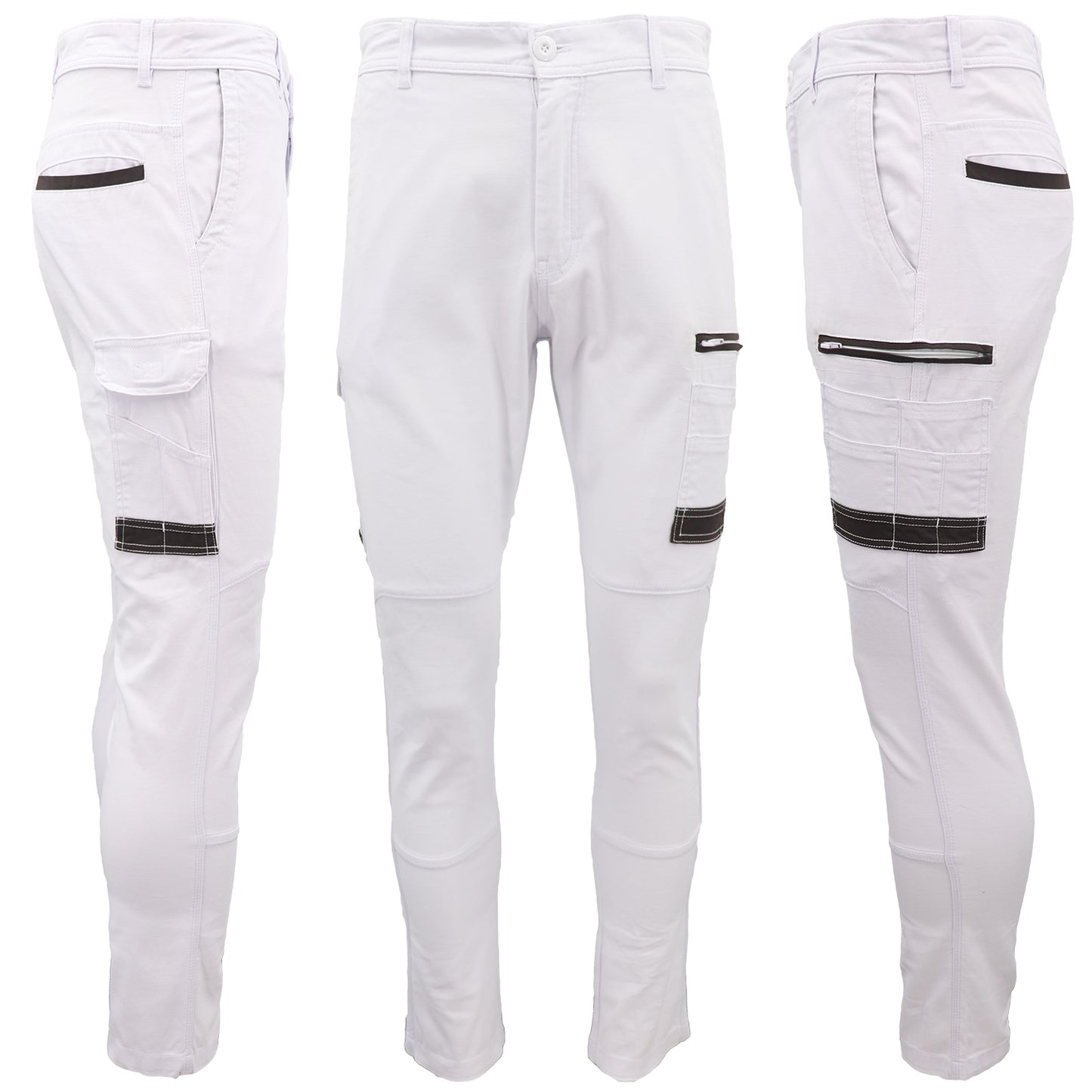 Men's Cotton Drill Cargo Work Pants UPF 50+ 13 Pockets Tradies Workwear Trousers, White, 32