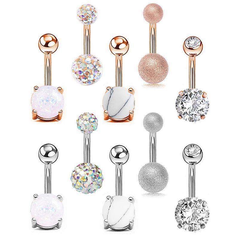 5Pcs Belly Bar Piercing Ring Crystal Zircon Surgical Steel Silver Jewellery - Silver