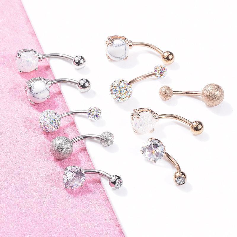 5Pcs Belly Bar Piercing Ring Crystal Zircon Surgical Steel Silver Jewellery - Silver