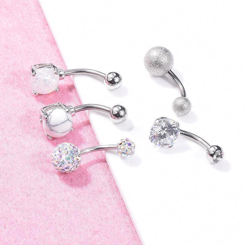 5Pcs Belly Bar Piercing Ring Crystal Zircon Surgical Steel Silver Jewellery - Silver