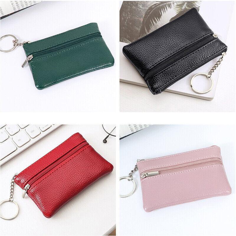 Coin Small Change Bag Card Wallet Pouch Zip Up Women Key Ring Leather Mini Purse - Pink