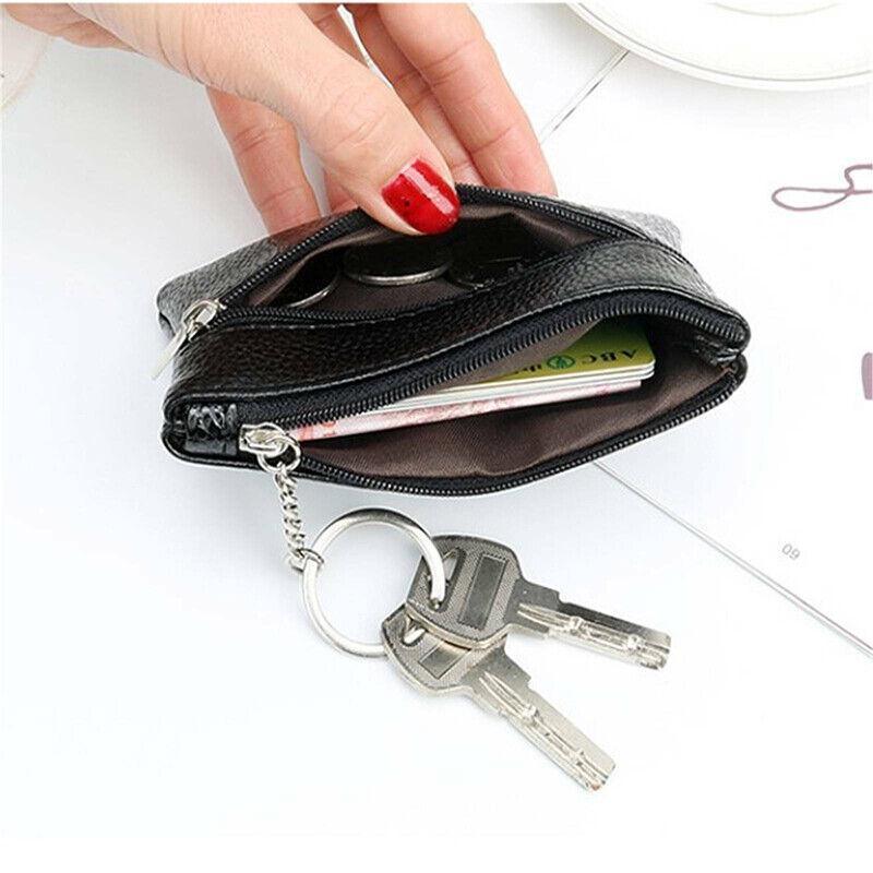 Coin Small Change Bag Card Wallet Pouch Zip Up Women Key Ring Leather Mini Purse - Pink