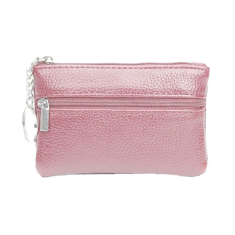 Coin Small Change Bag Card Wallet Pouch Zip Up Women Key Ring Leather Mini Purse - Pink