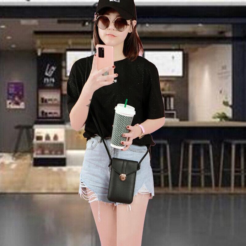 Touch Screen Crossbody Phone Bag with Clear Window PU Leather Wallet Purse - Pink