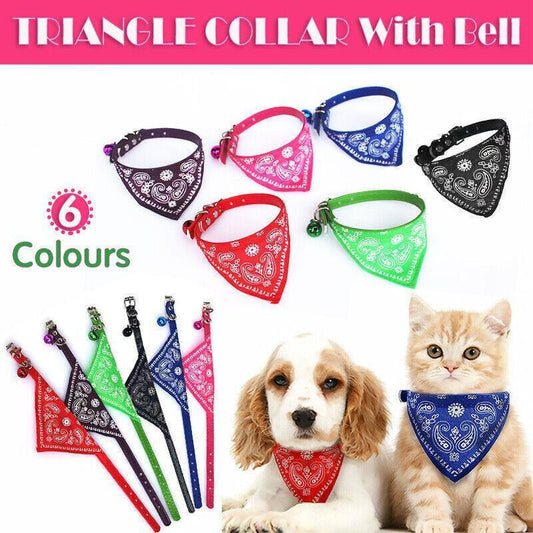 Adjustable Bandana Collar with Bell for Small Dogs and Cats Triangle Scarf Style - Red