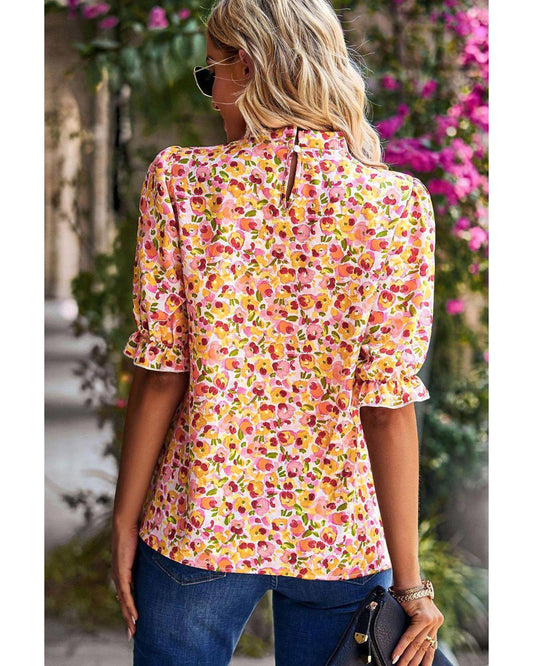 Azura Exchange Floral Ruffle Mock Neck Blouse - M