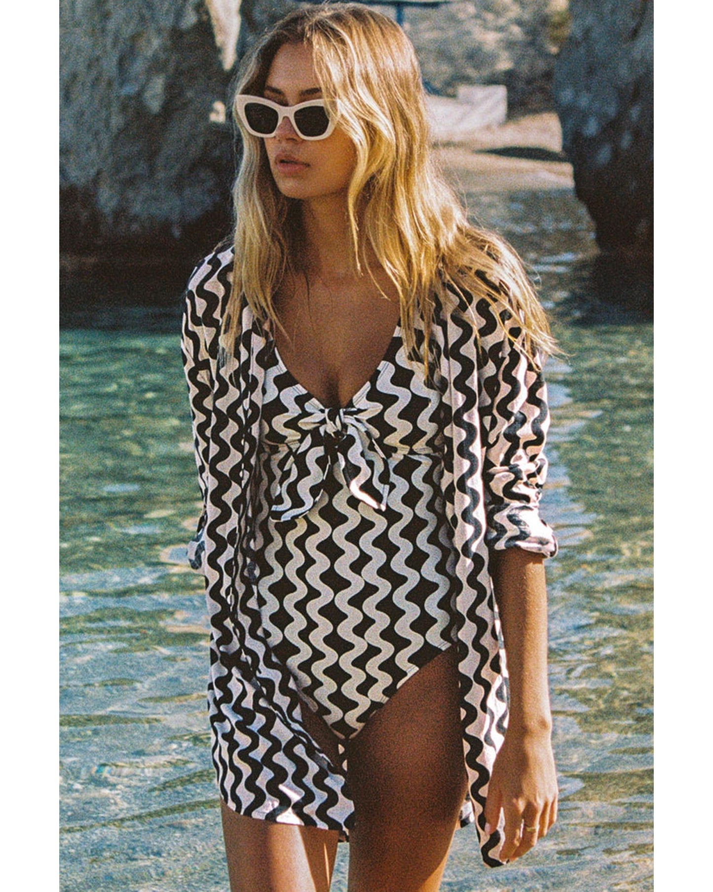 Black Stripe Print Loose Fit Open Front Beach Cover Up - S