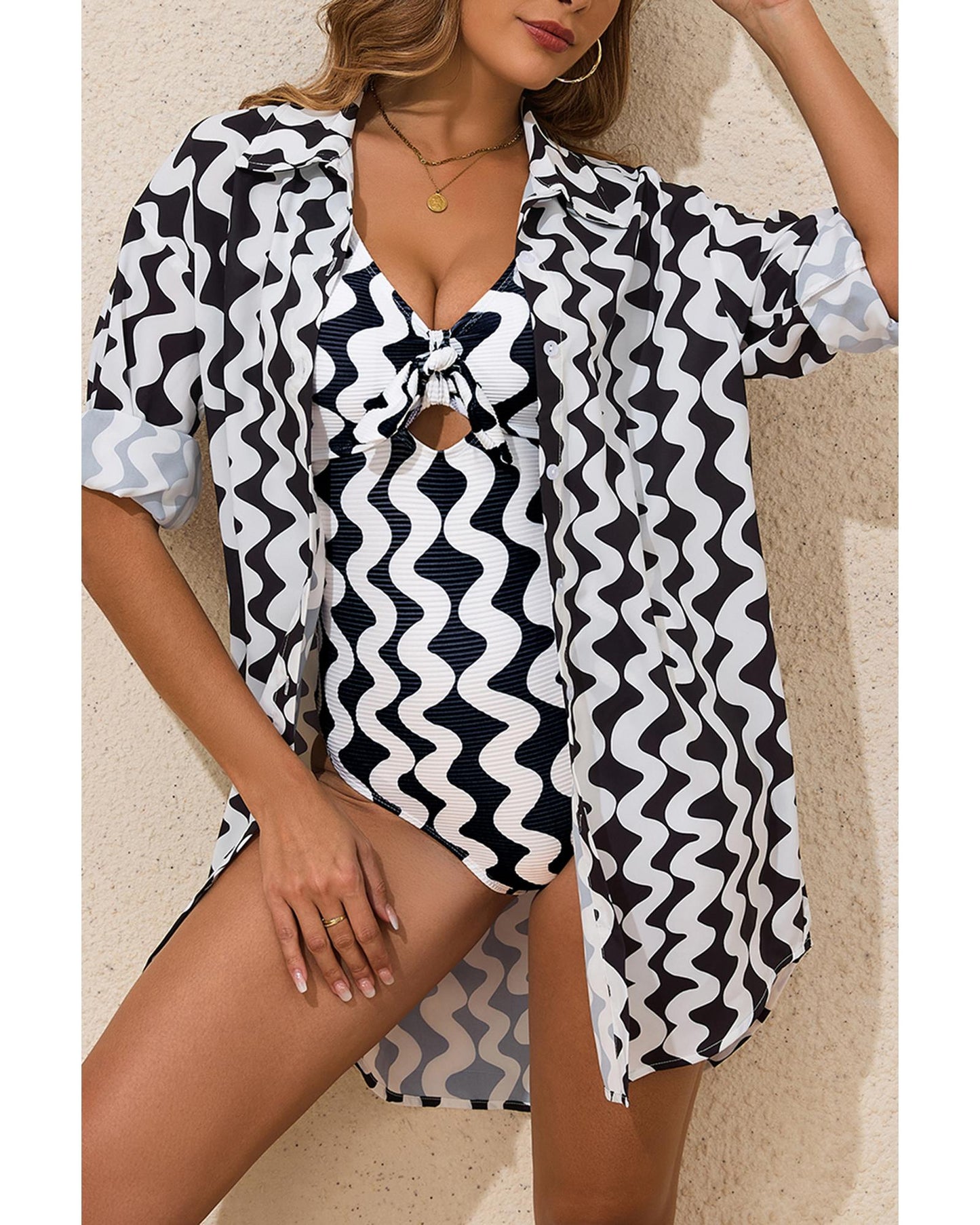 Black Stripe Print Loose Fit Open Front Beach Cover Up - S