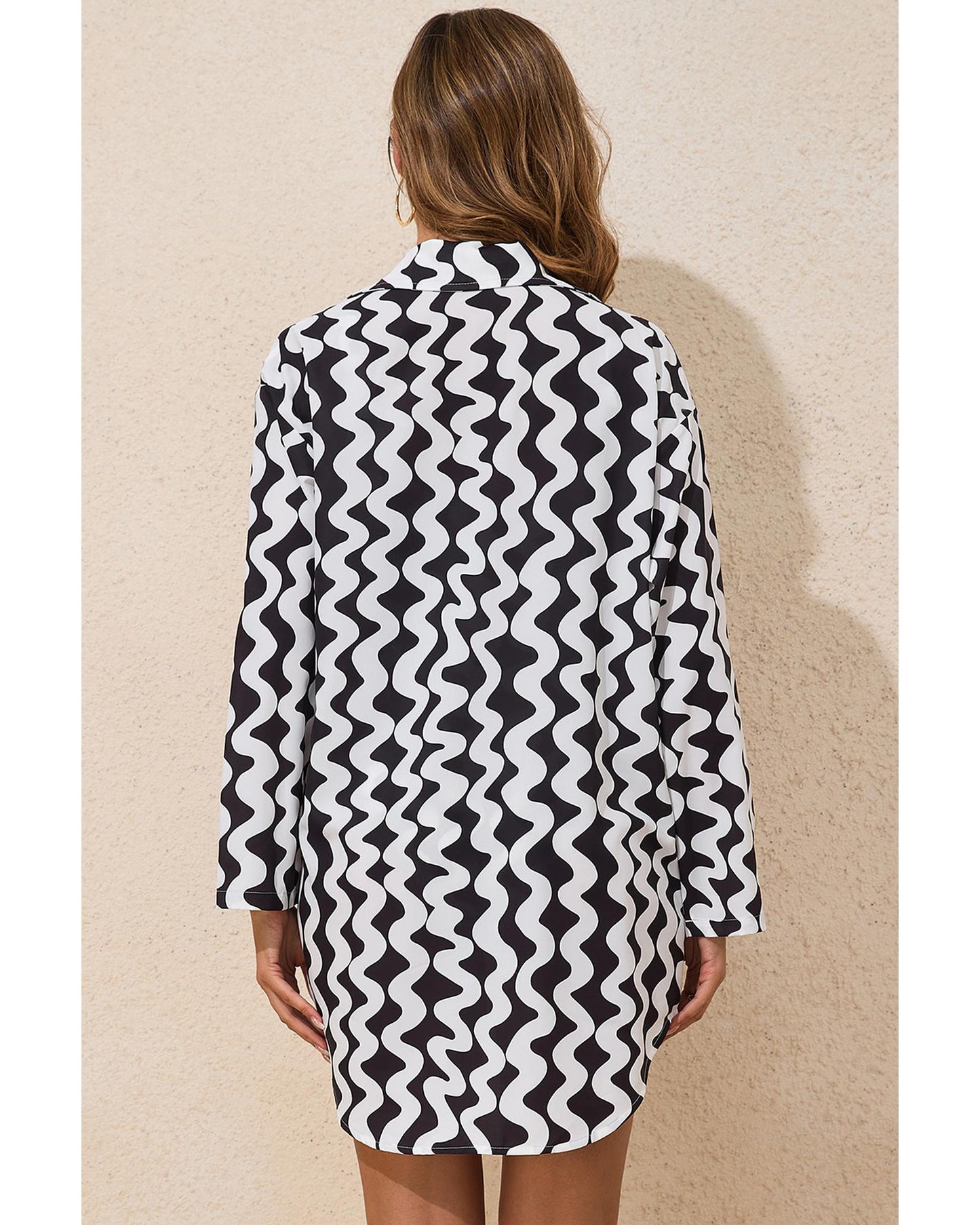 Black Stripe Print Loose Fit Open Front Beach Cover Up - S
