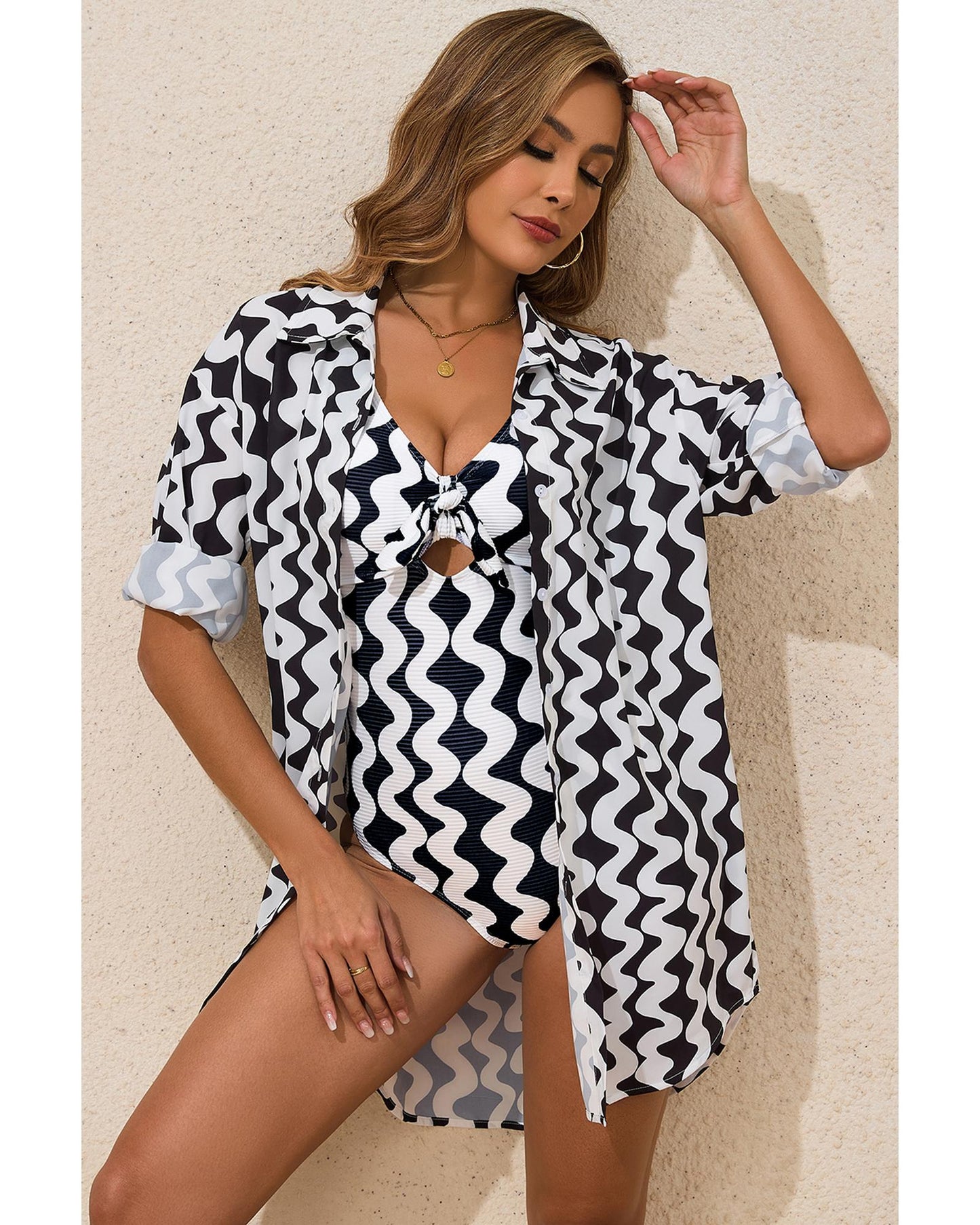 Black Stripe Print Loose Fit Open Front Beach Cover Up - S