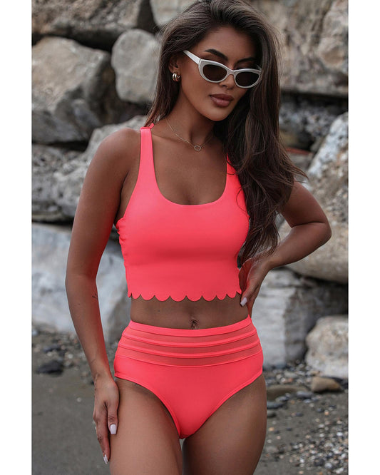 Azura Exchange Pink Scalloped Criss Cross High Waist Bikini - S