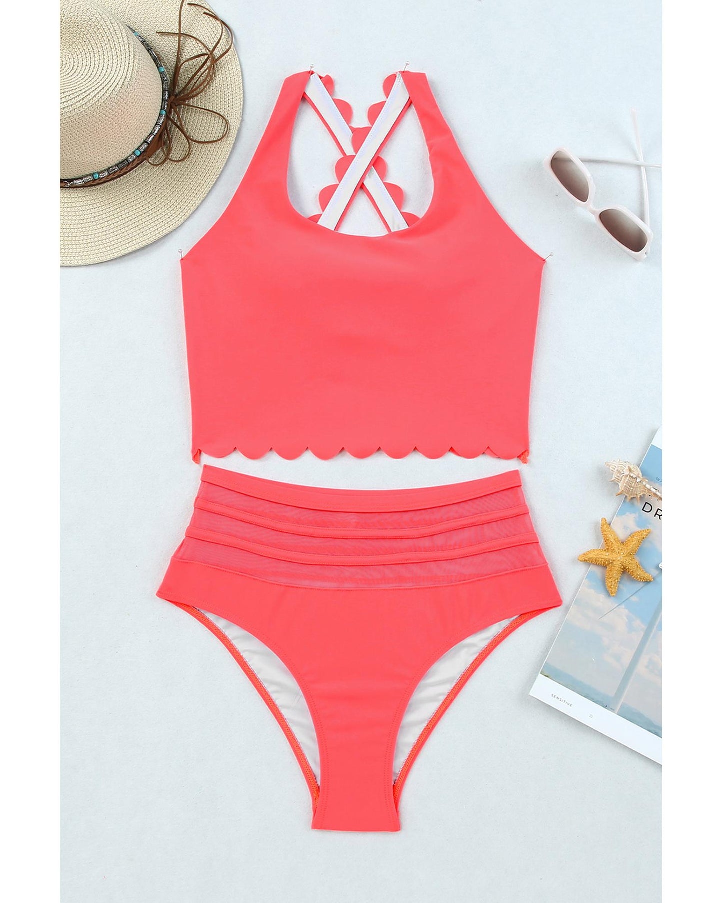 Azura Exchange Pink Scalloped Criss Cross High Waist Bikini - S