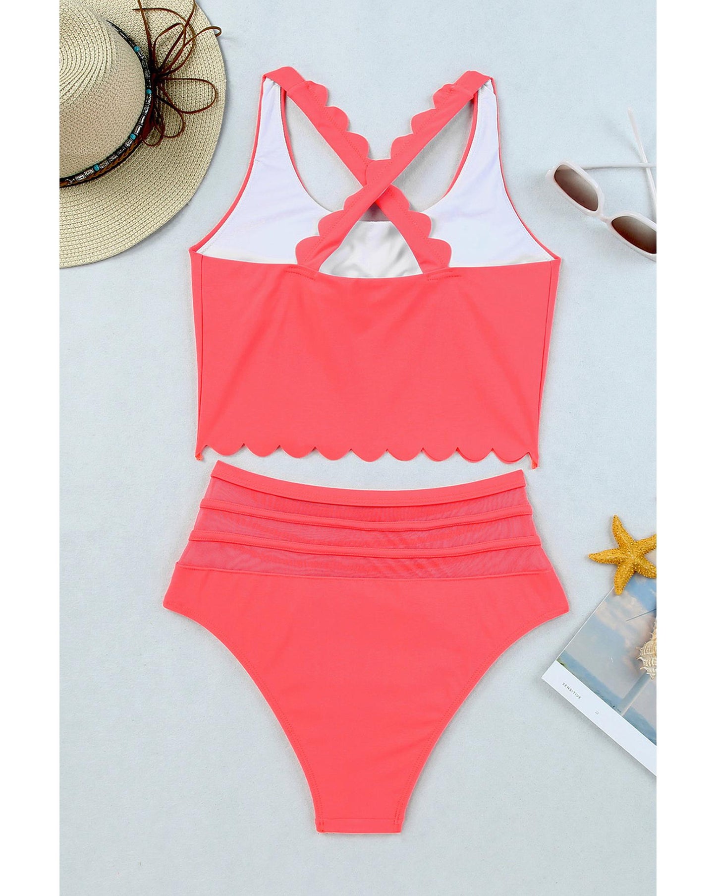 Azura Exchange Pink Scalloped Criss Cross High Waist Bikini - S