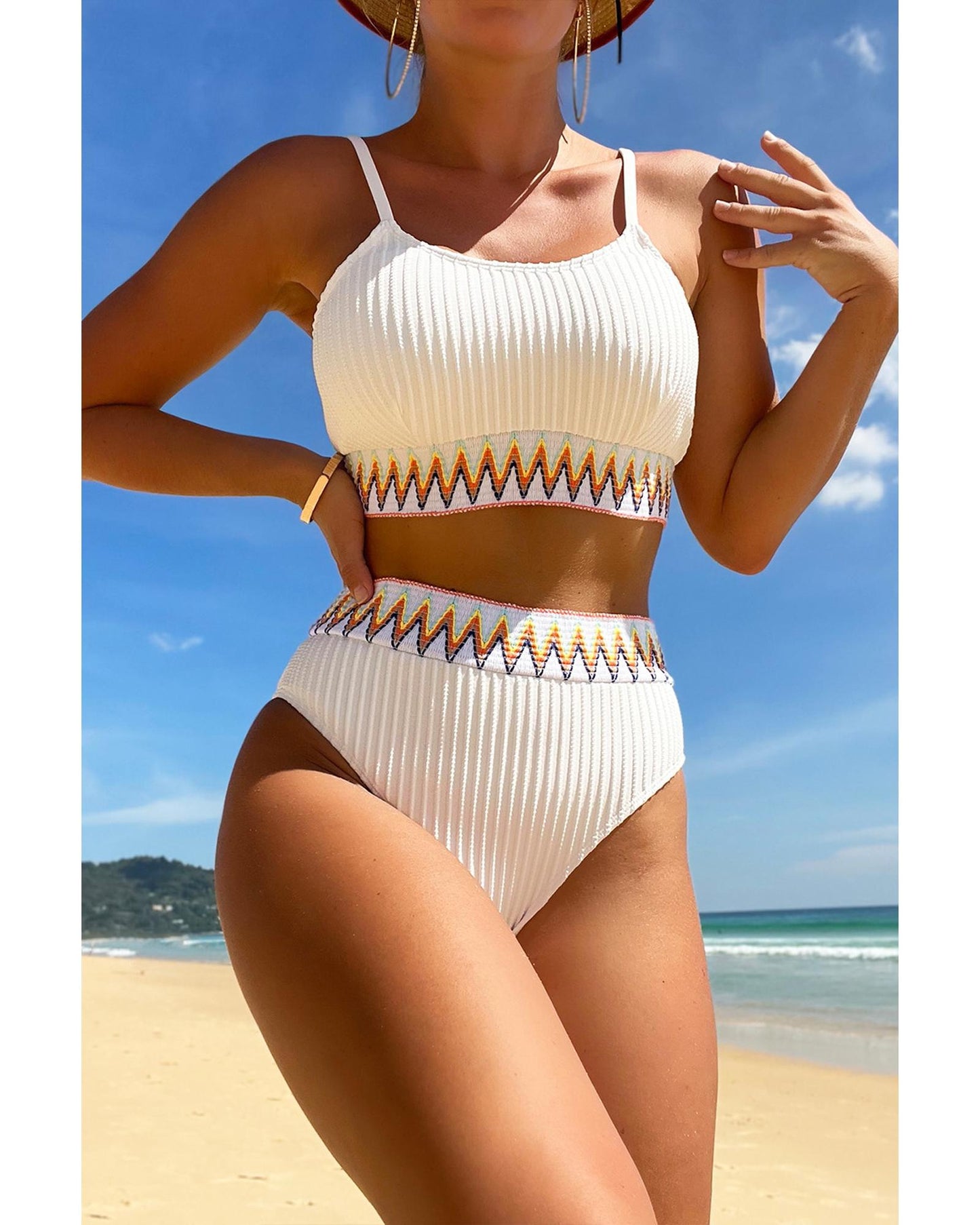 White Textured Contrast Banding Bikini High Waist 2pcs Swimsuit - XL