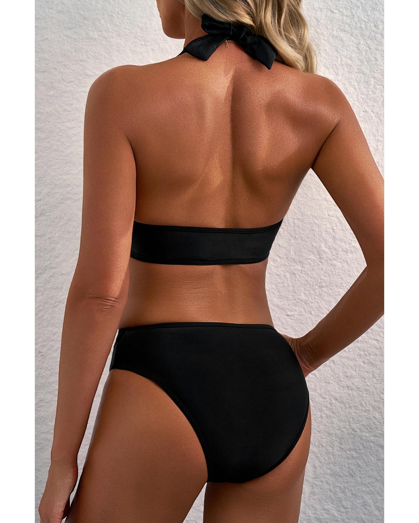 Black Sheer Mesh Edged Halter V Neck Push Up Bikini - XL