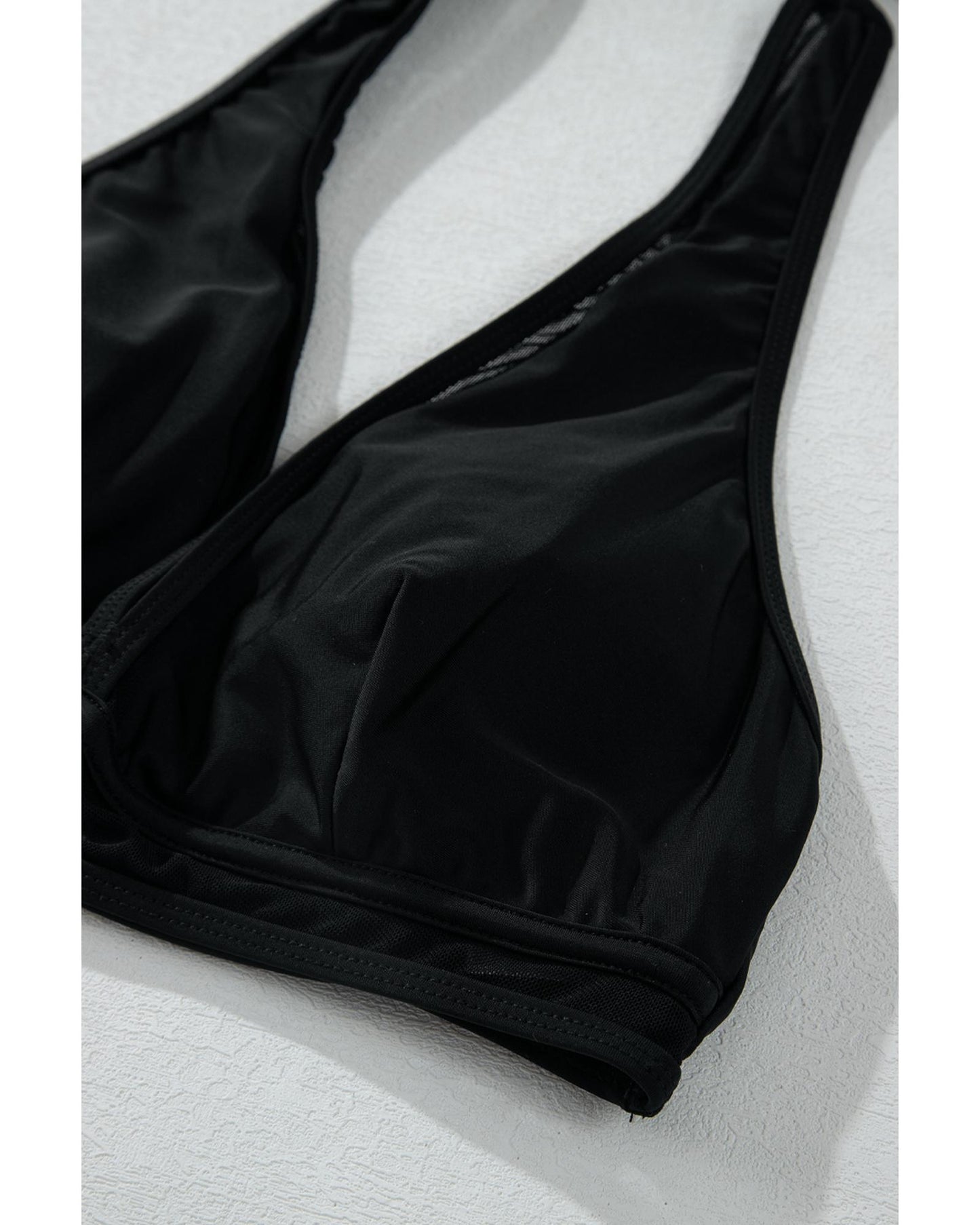 Black Sheer Mesh Edged Halter V Neck Push Up Bikini - XL