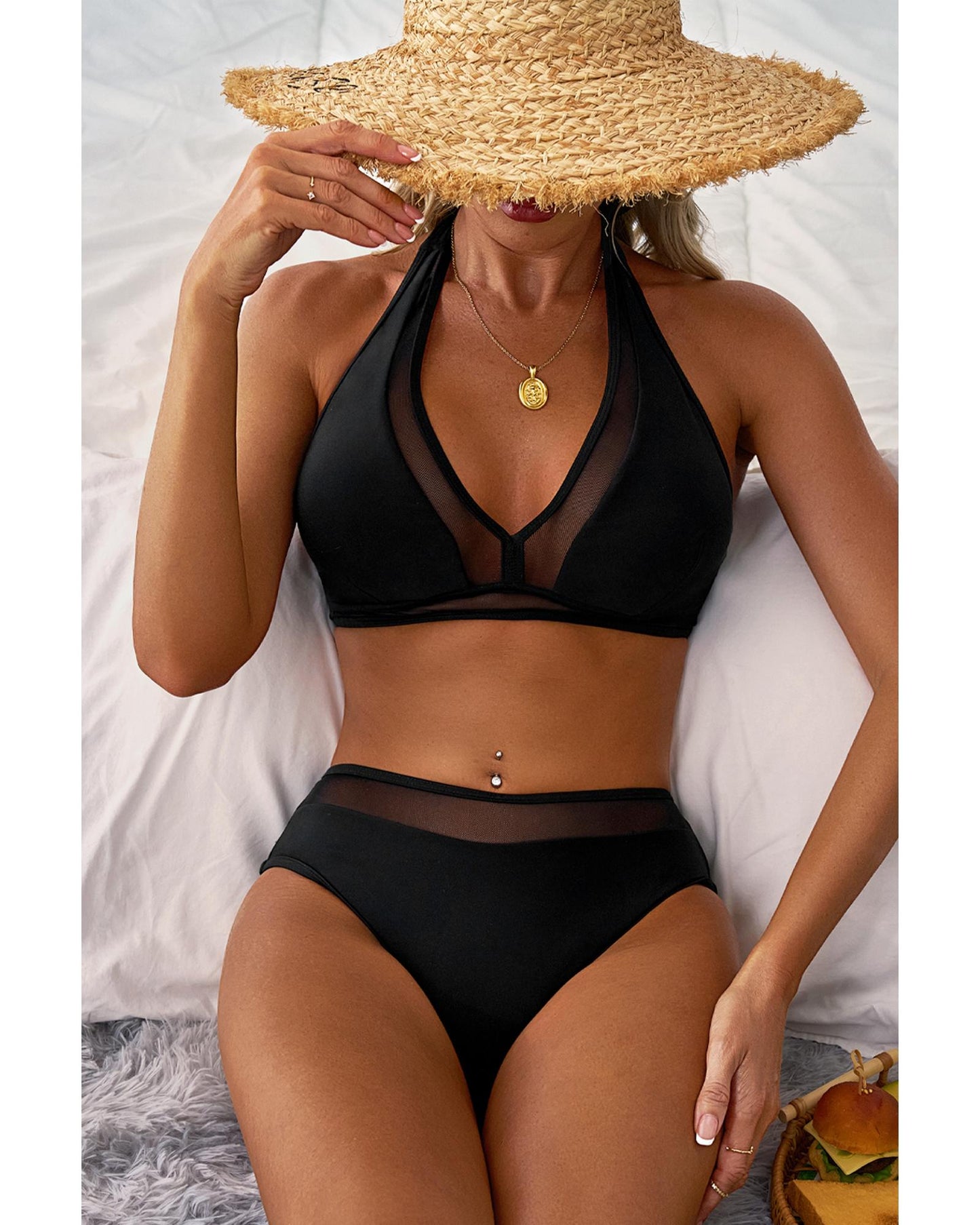 Black Sheer Mesh Edged Halter V Neck Push Up Bikini - XL