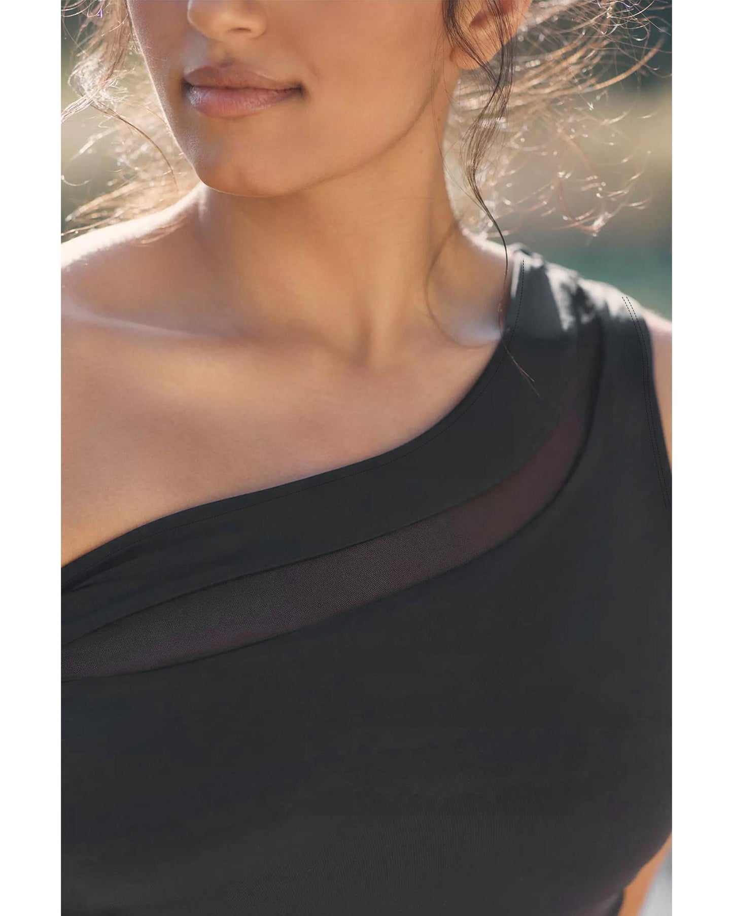 Black Mesh Insert One Shoulder High Waist Teddy Swimsuit - S