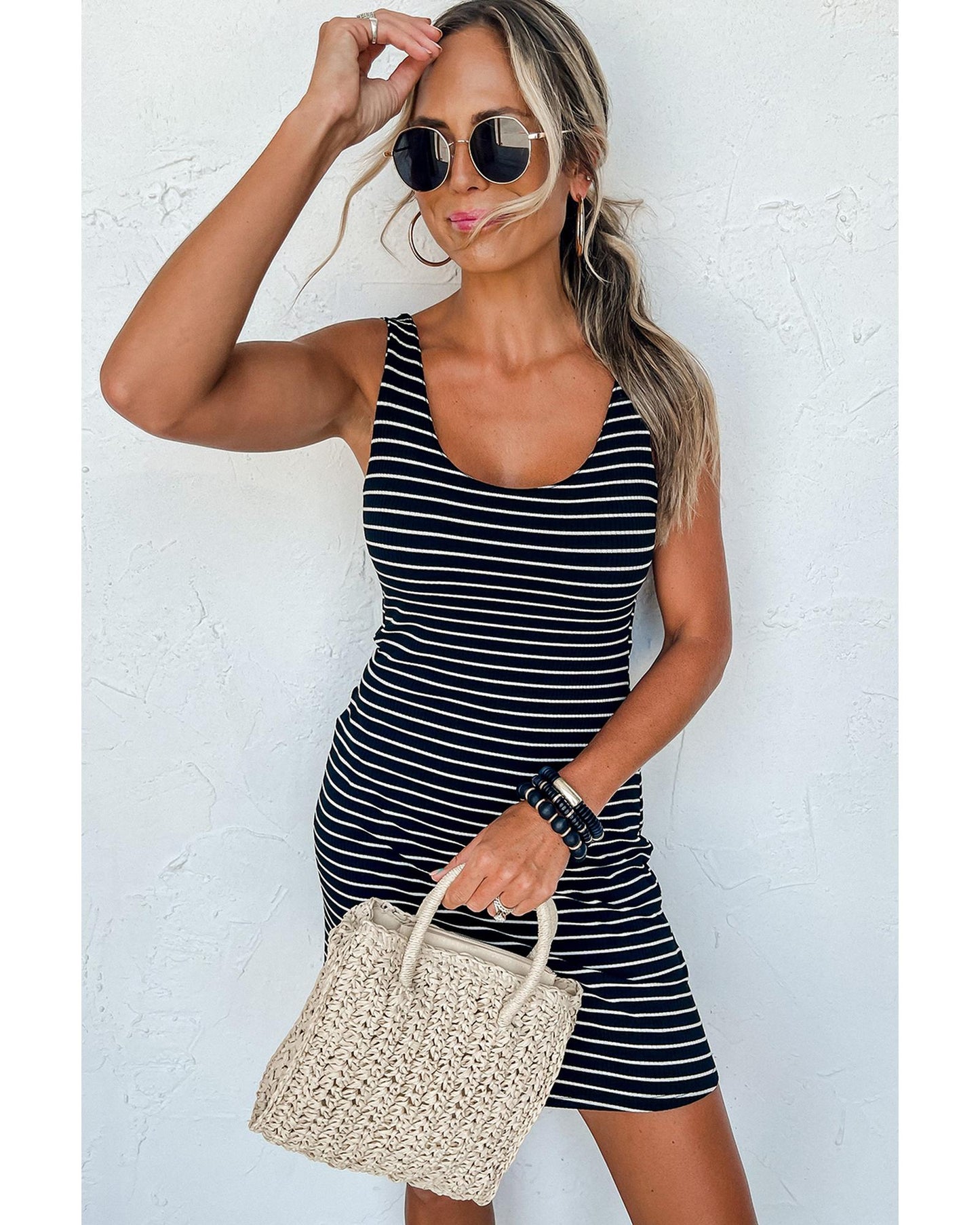 Black Stripe Ribbed Knit Sleeveless Mini Dress - L