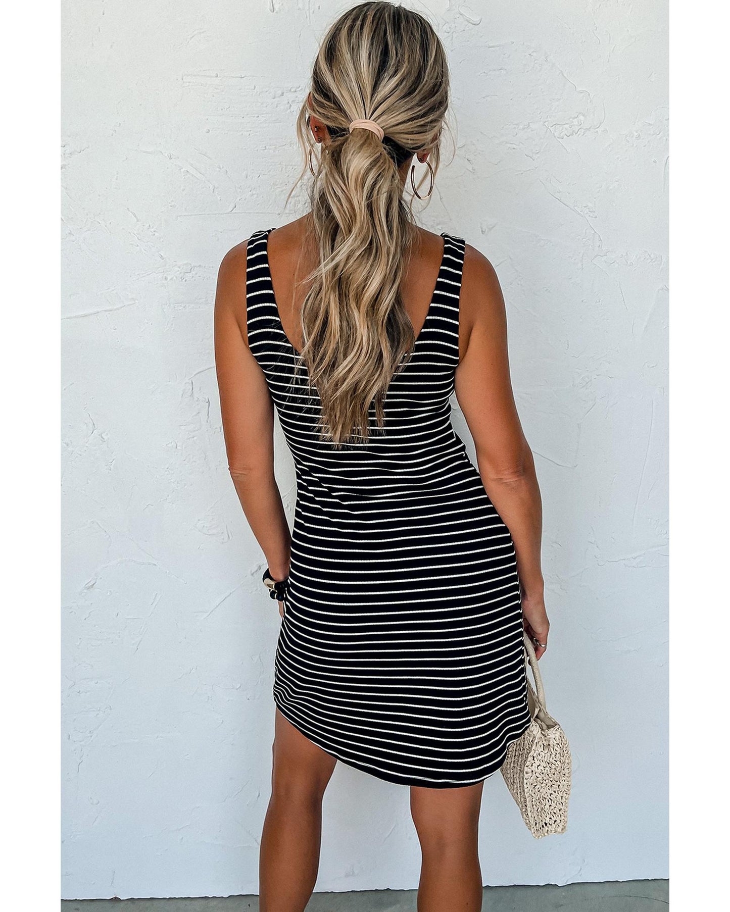 Black Stripe Ribbed Knit Sleeveless Mini Dress - L