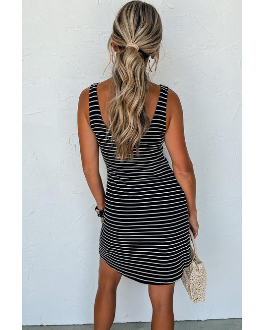 Black Stripe Ribbed Knit Sleeveless Mini Dress - M