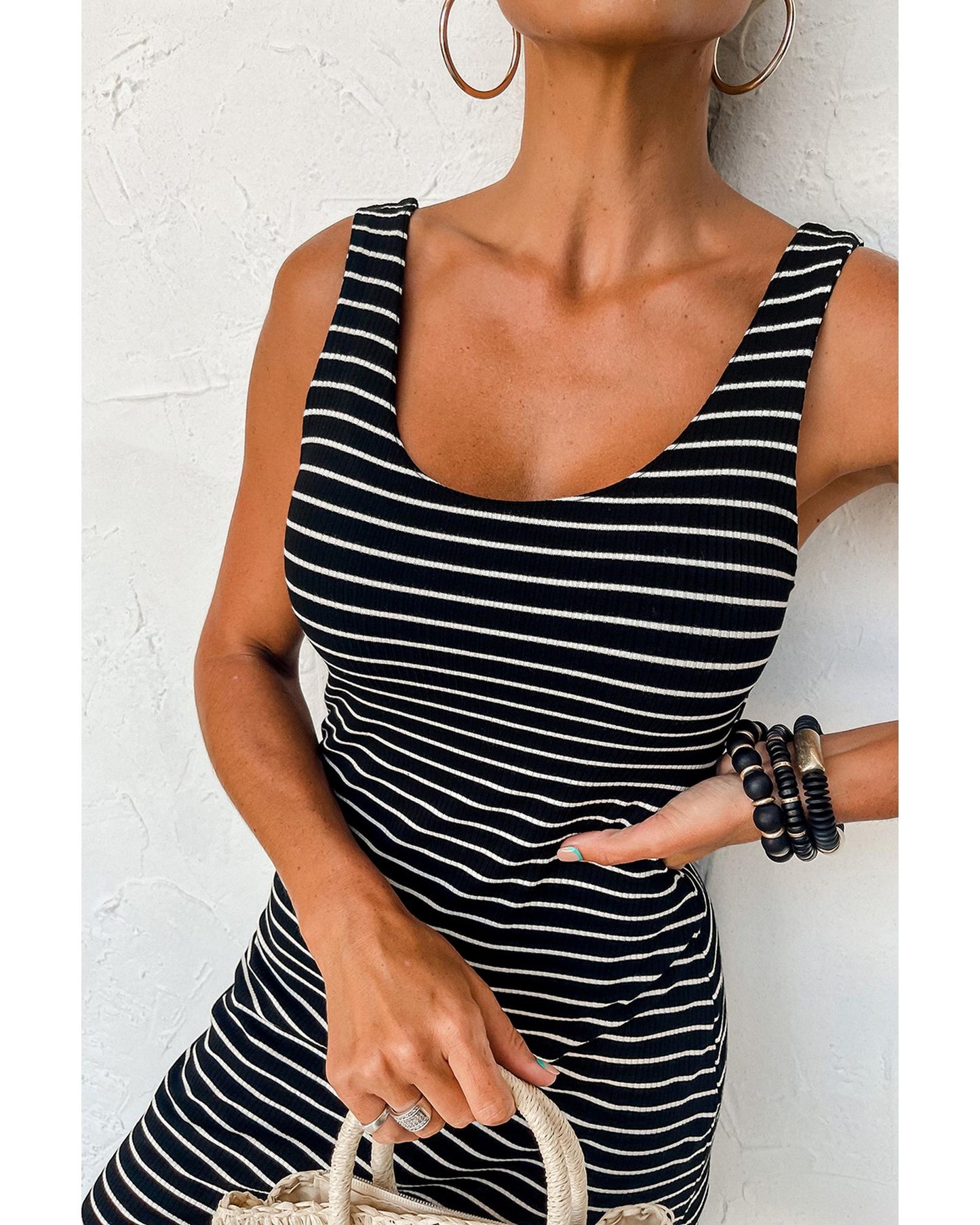 Black Stripe Ribbed Knit Sleeveless Mini Dress - M