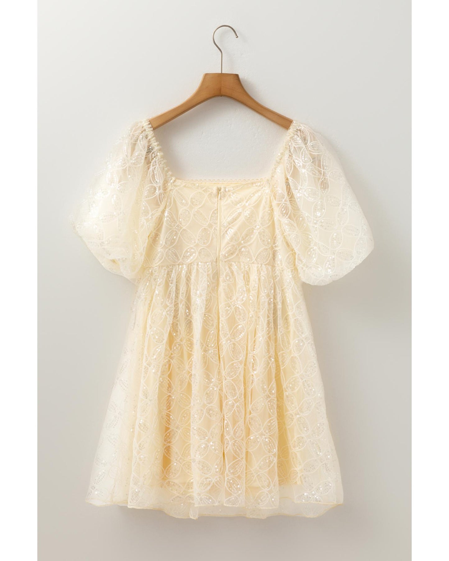 Apricot Sequined Lace Mesh Bubble Sleeve Square Neck Dress - M
