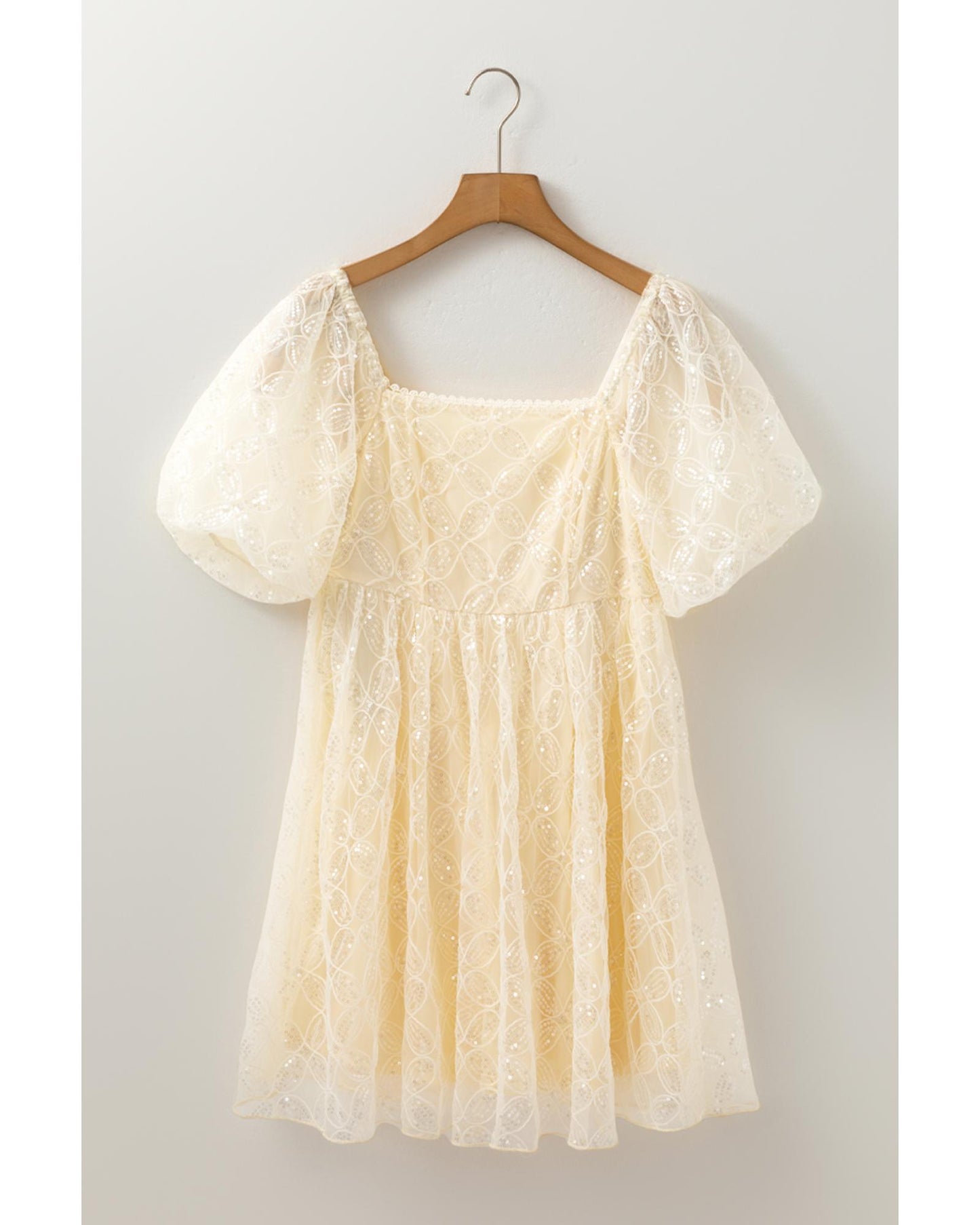 Apricot Sequined Lace Mesh Bubble Sleeve Square Neck Dress - M
