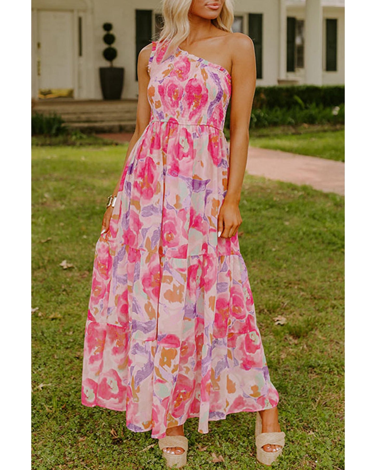 Abstract Floral Print Shirred One Shoulder Maxi Dress for Women, Flowy Summer Style