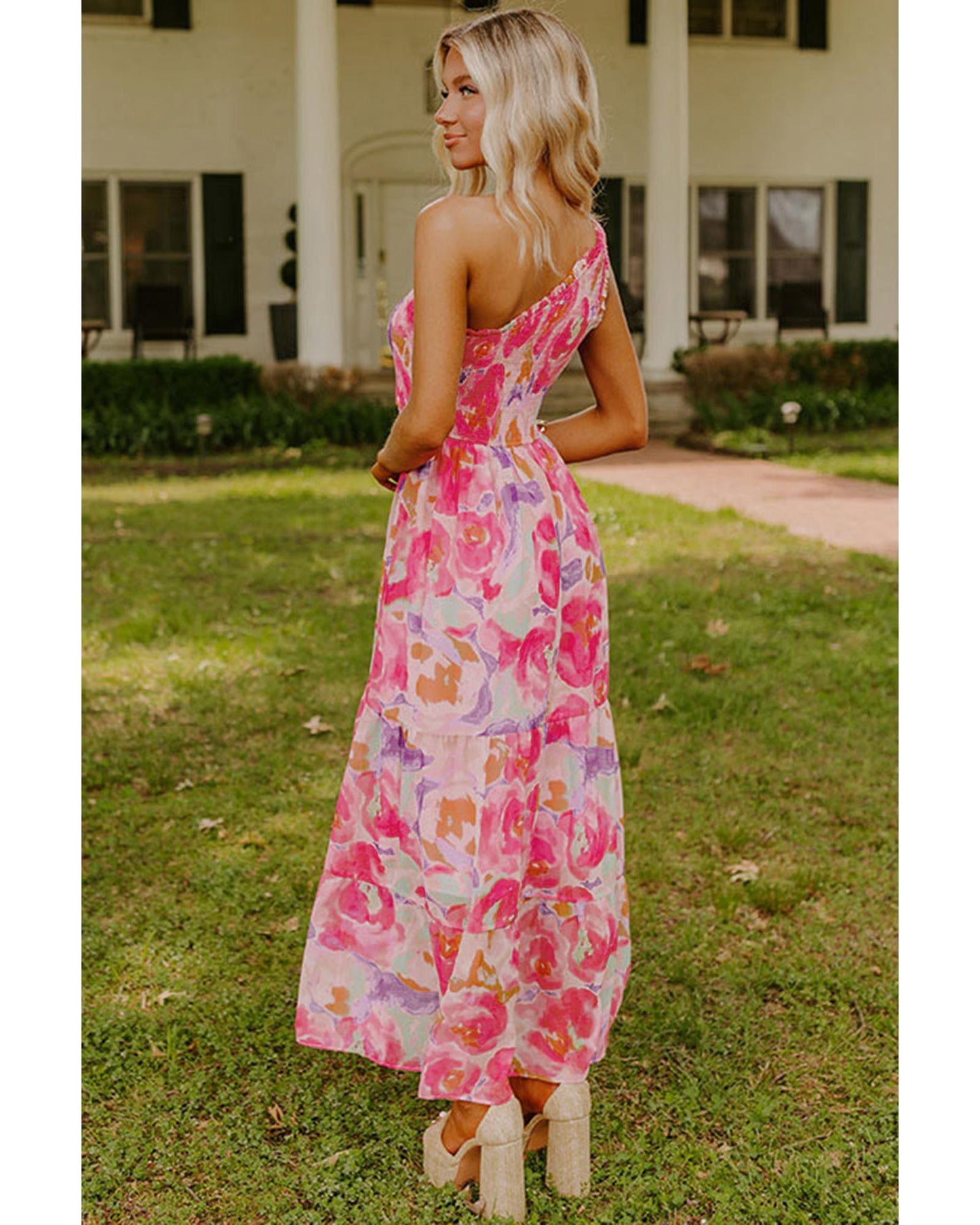 Abstract Floral Print Shirred One Shoulder Maxi Dress for Women, Flowy Summer Style