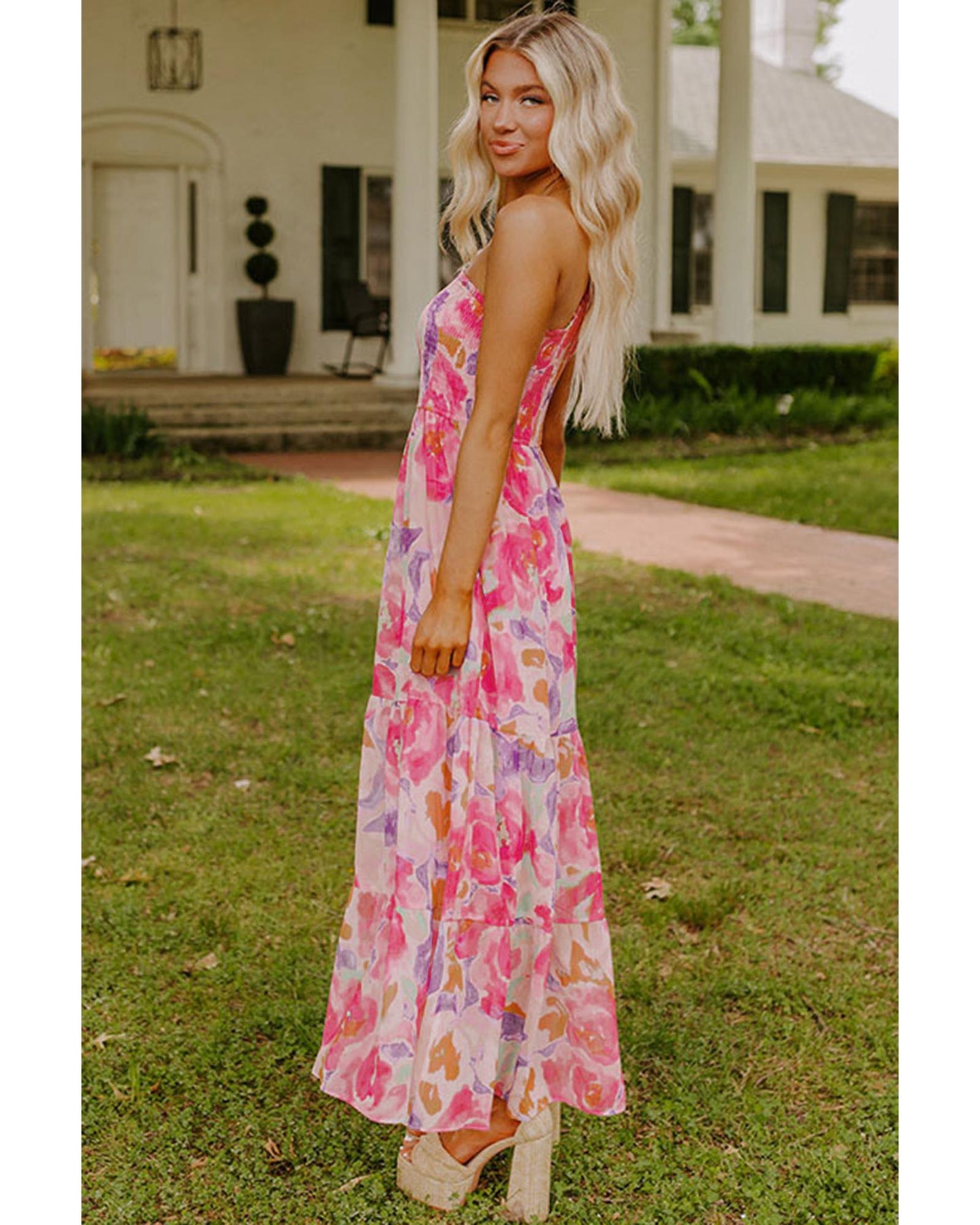 Abstract Floral Print Shirred One Shoulder Maxi Dress for Women, Flowy Summer Style