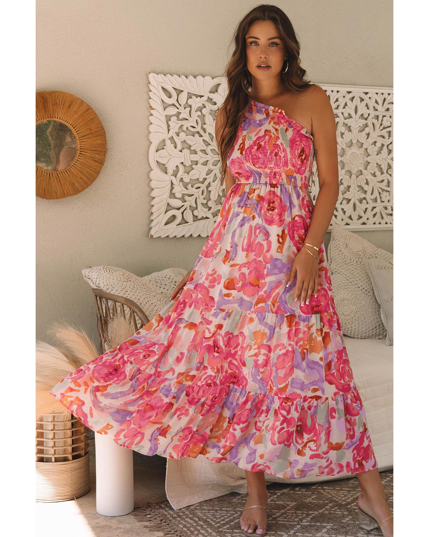 Abstract Floral Print Shirred One Shoulder Maxi Dress for Women, Flowy Summer Style