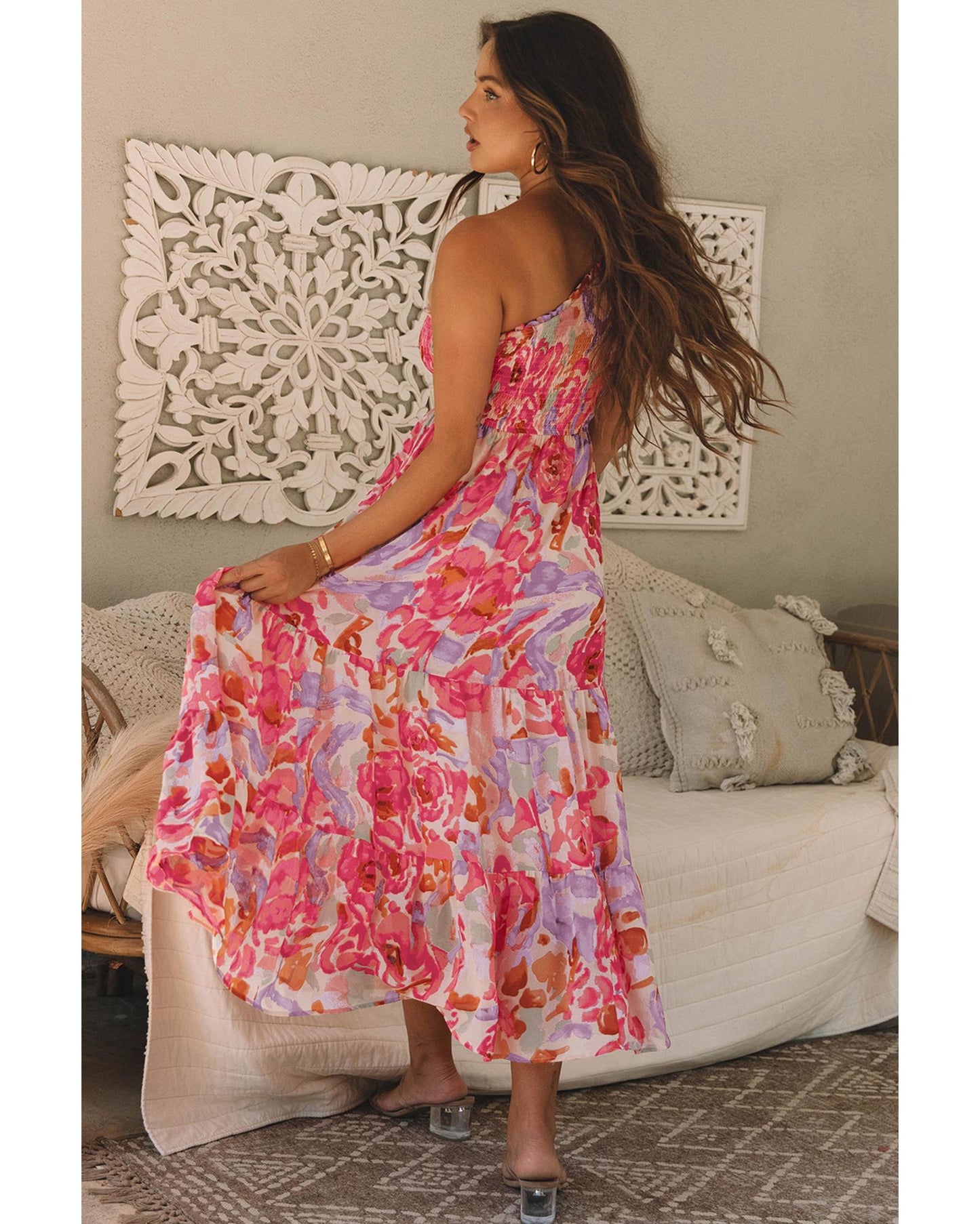 Abstract Floral Print Shirred One Shoulder Maxi Dress for Women, Flowy Summer Style