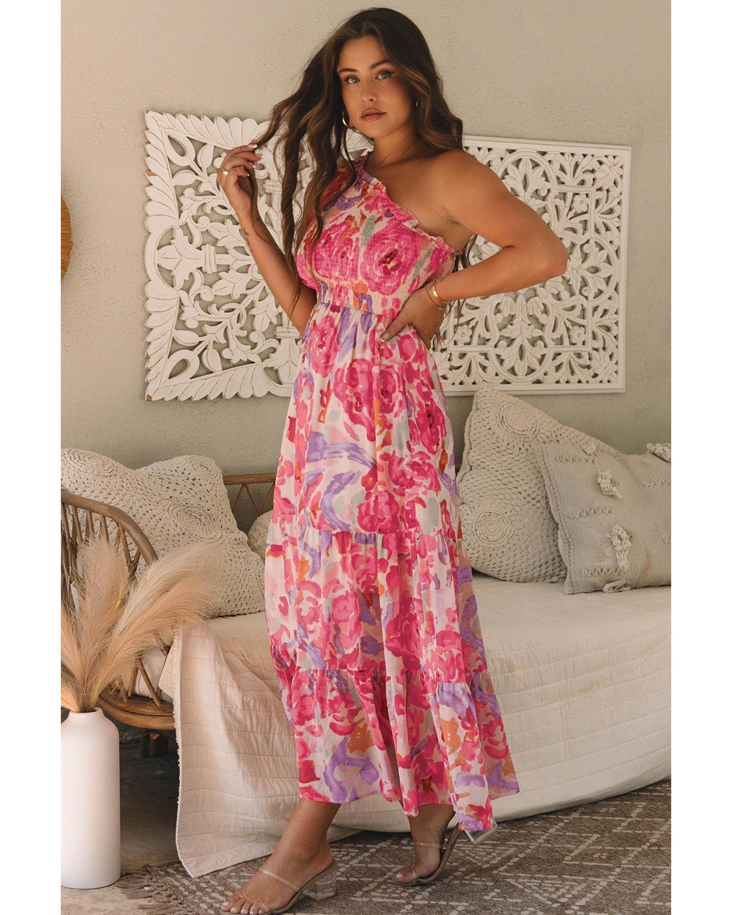 Abstract Floral Print Shirred One Shoulder Maxi Dress for Women, Flowy Summer Style