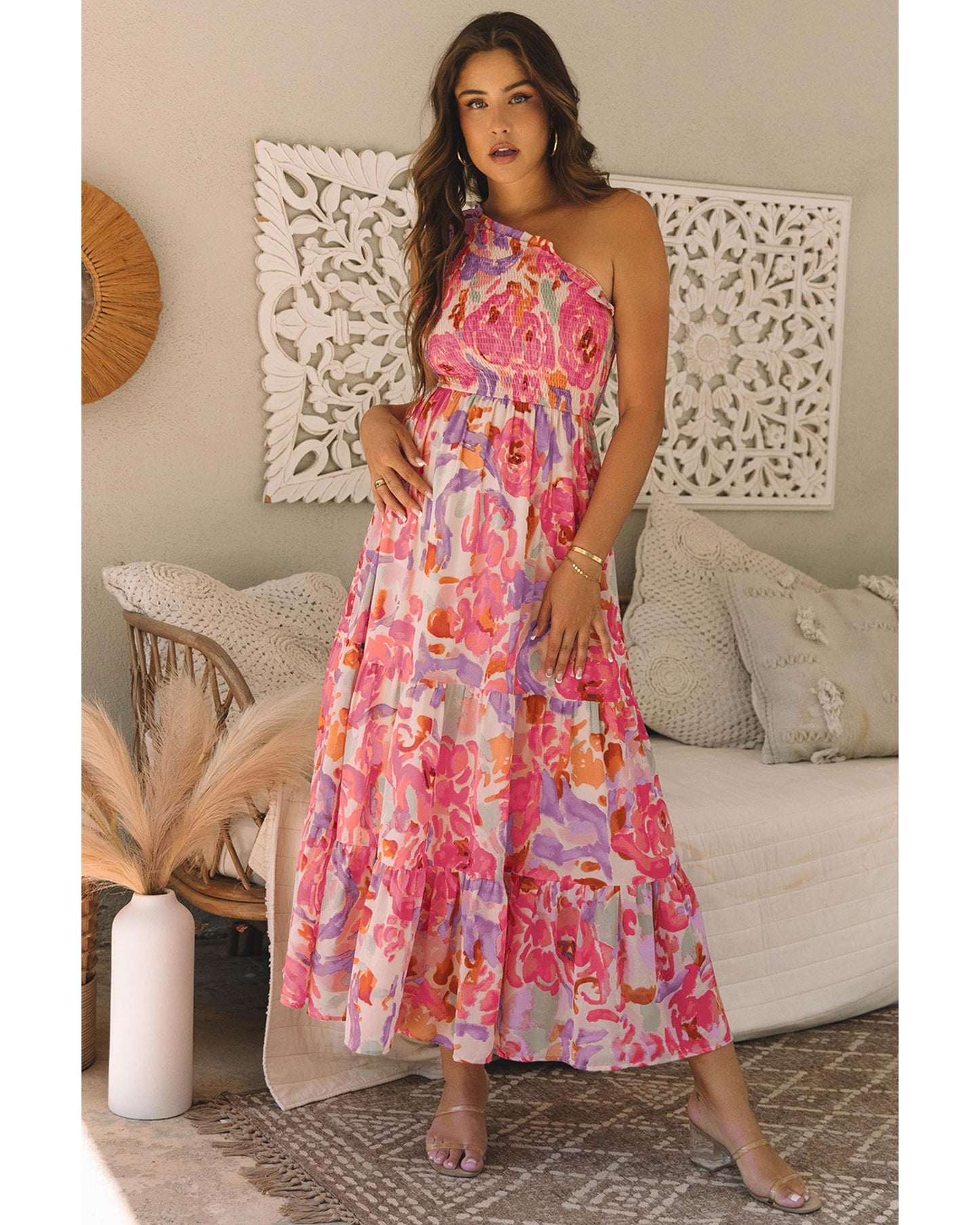 Abstract Floral Print Shirred One Shoulder Maxi Dress for Women, Flowy Summer Style