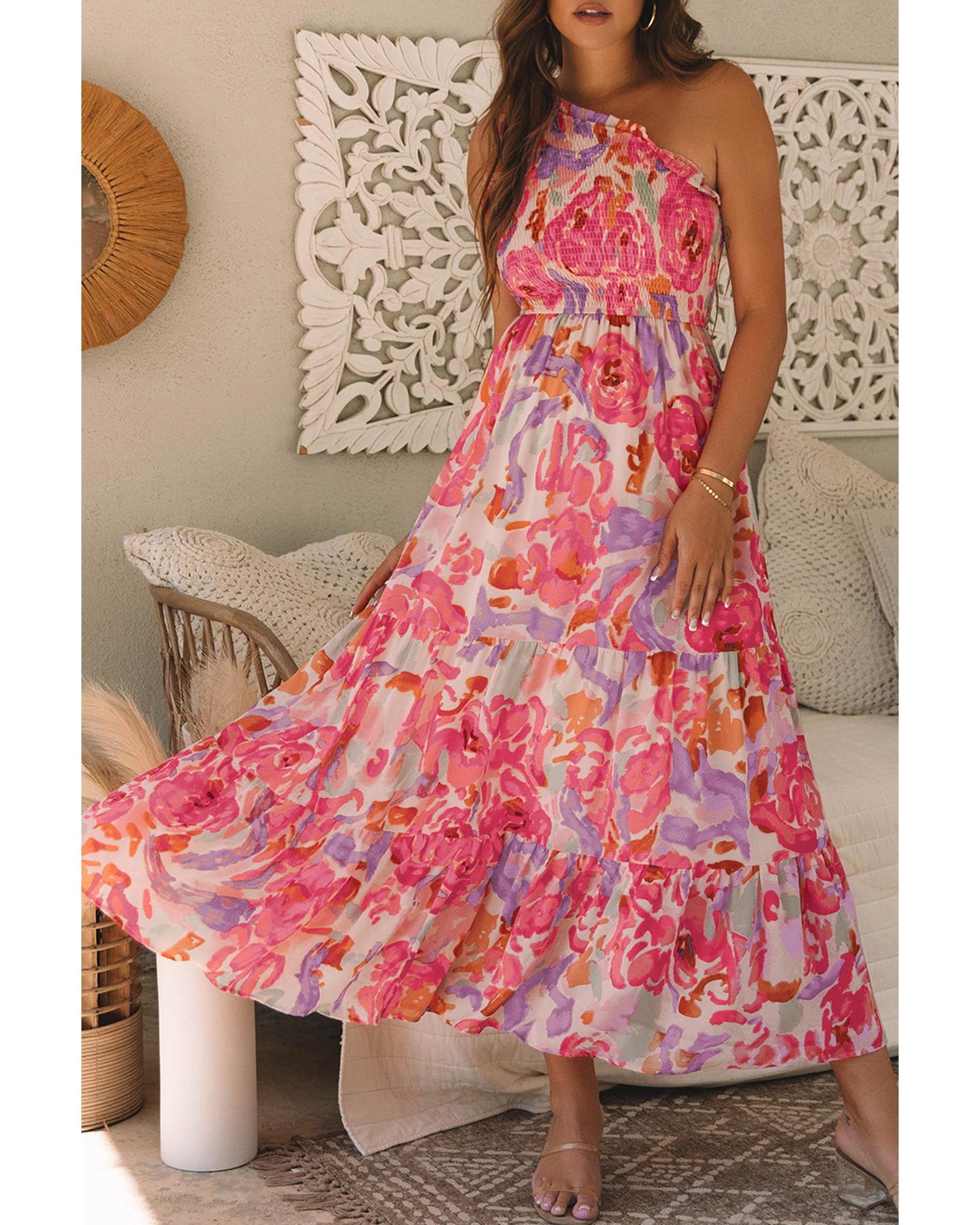 Abstract Floral Print Shirred One Shoulder Maxi Dress for Women, Flowy Summer Style