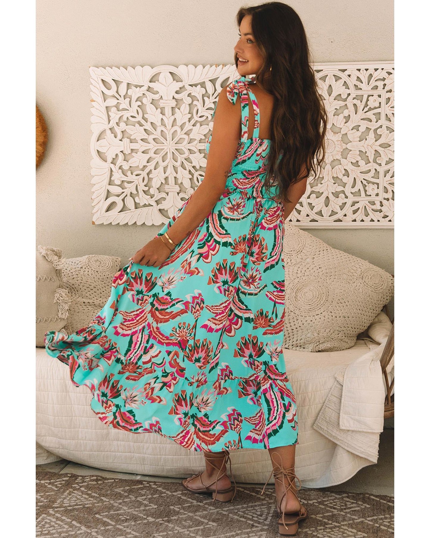 Green Abstract Print Smocked Bodice Knotted Straps Ruffled Maxi Dress - XL