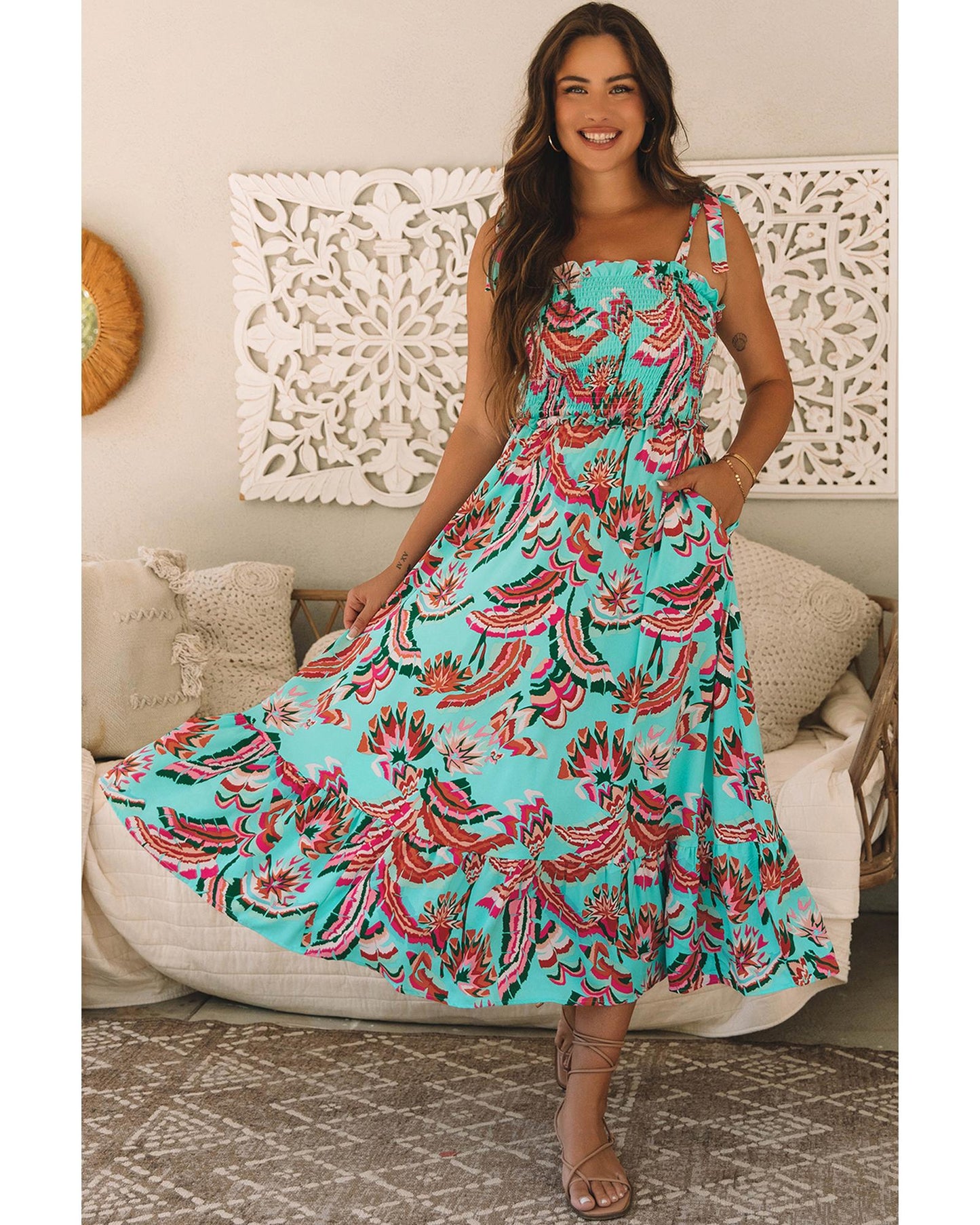 Green Abstract Print Smocked Bodice Knotted Straps Ruffled Maxi Dress - XL