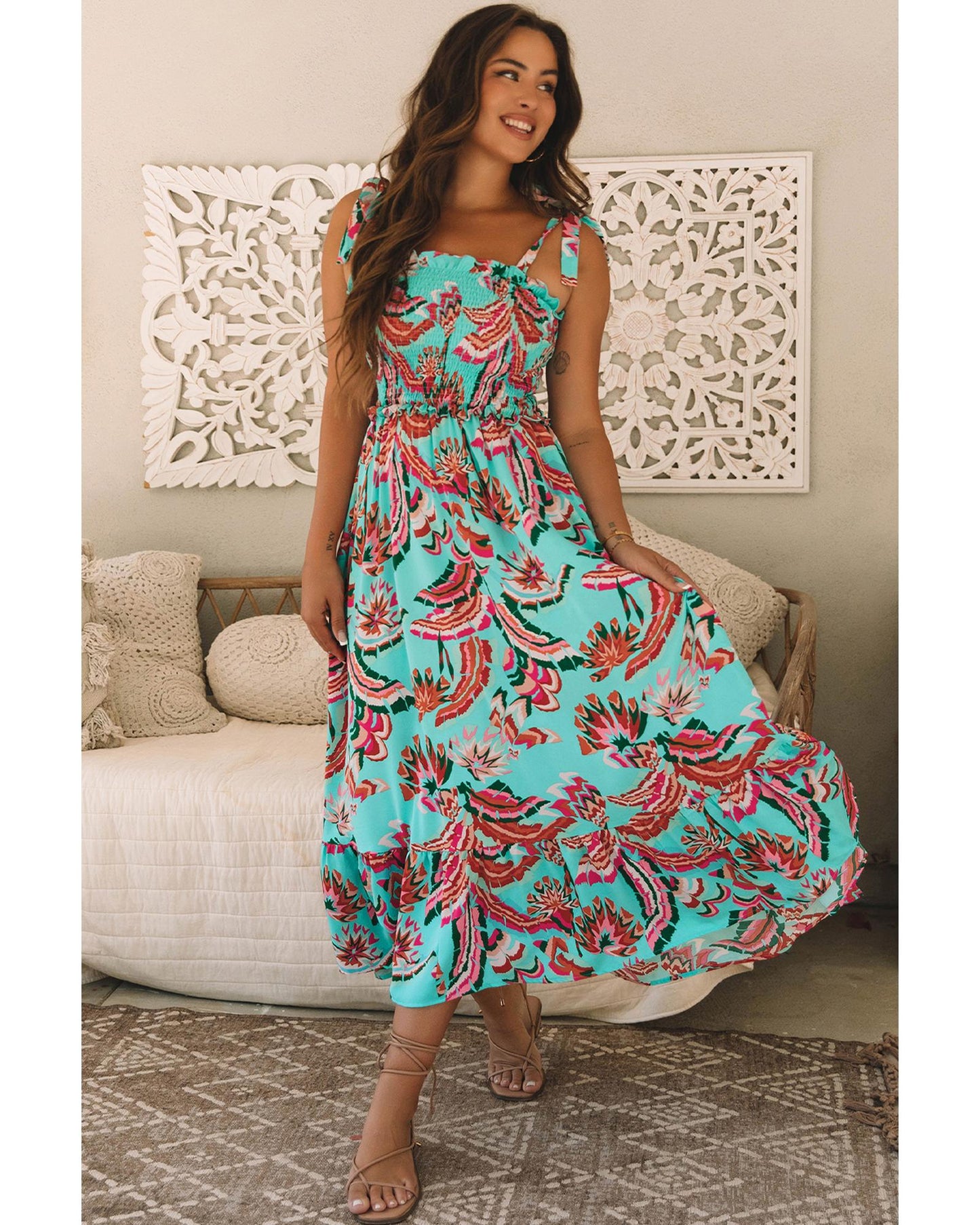 Green Abstract Print Smocked Bodice Knotted Straps Ruffled Maxi Dress - XL