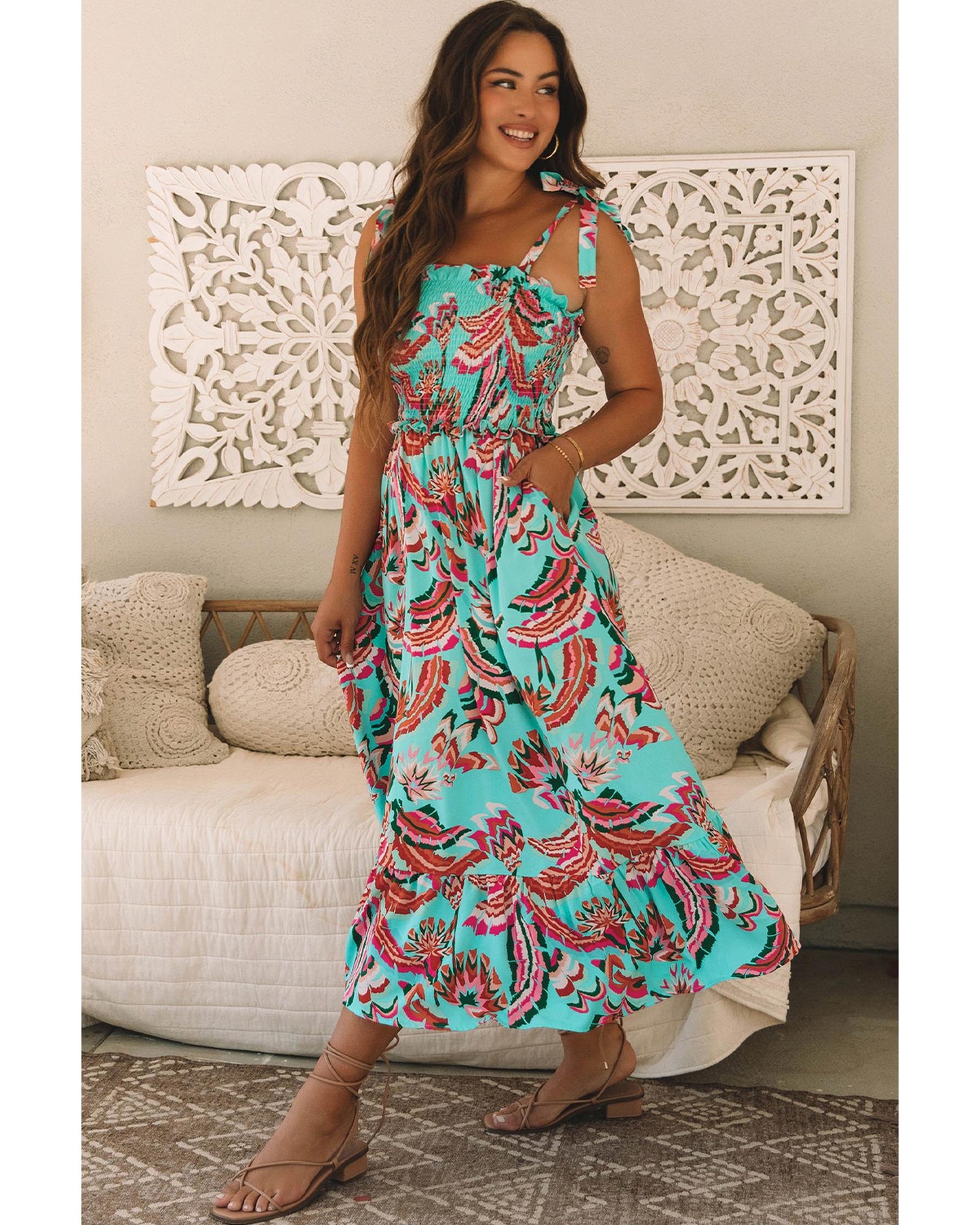 Green Abstract Print Smocked Bodice Knotted Straps Ruffled Maxi Dress - XL