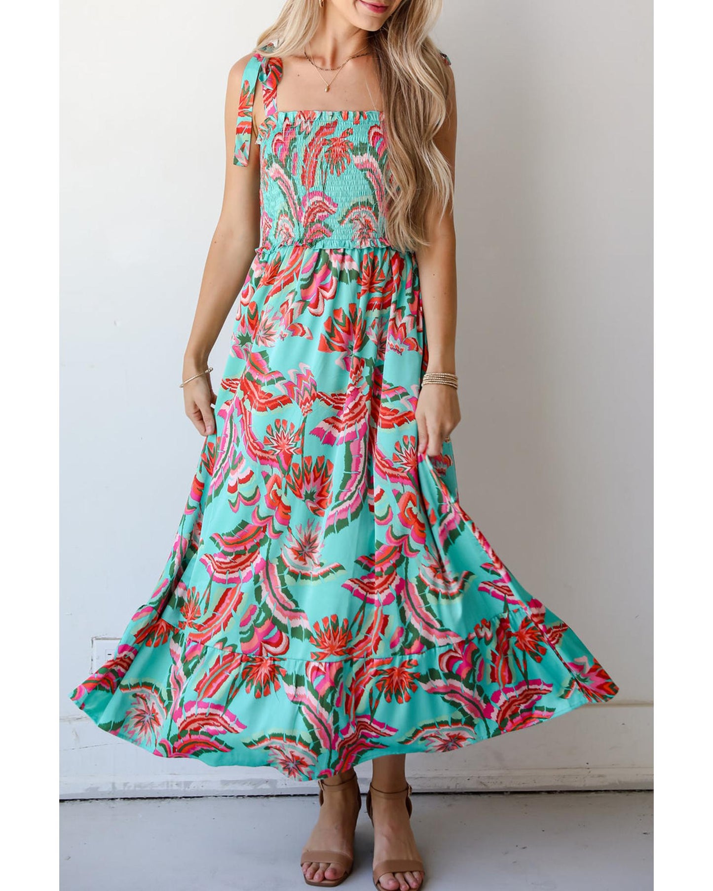 Green Abstract Print Smocked Bodice Knotted Straps Ruffled Maxi Dress - XL