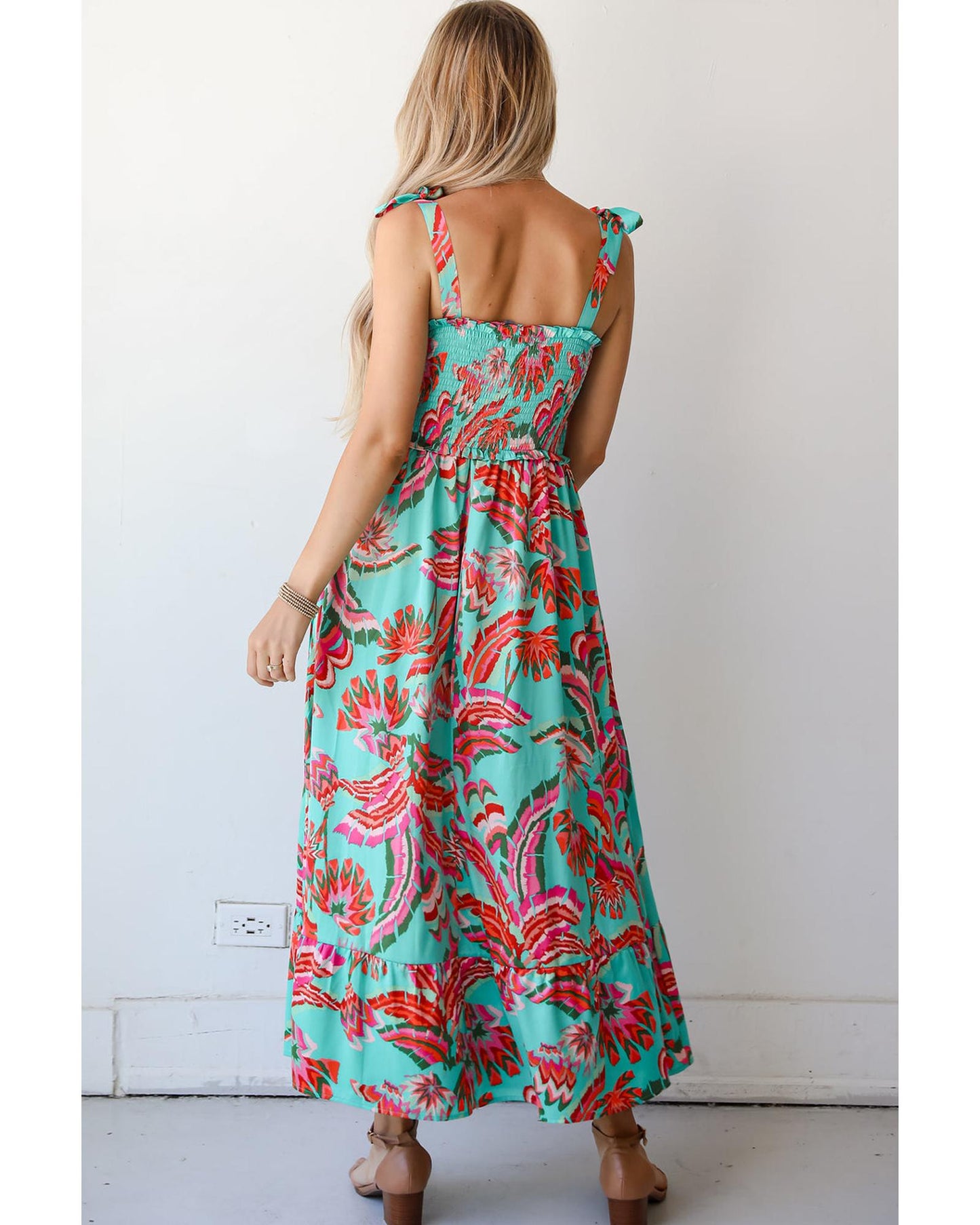 Green Abstract Print Smocked Bodice Knotted Straps Ruffled Maxi Dress - XL