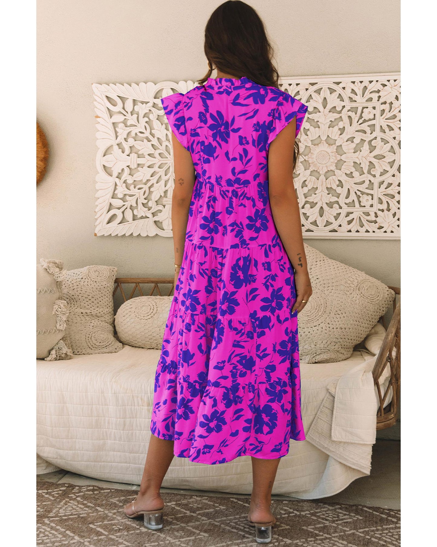 Rose Floral Print Tiered Frilled Trim Flutter Sleeve Maxi Dress - S