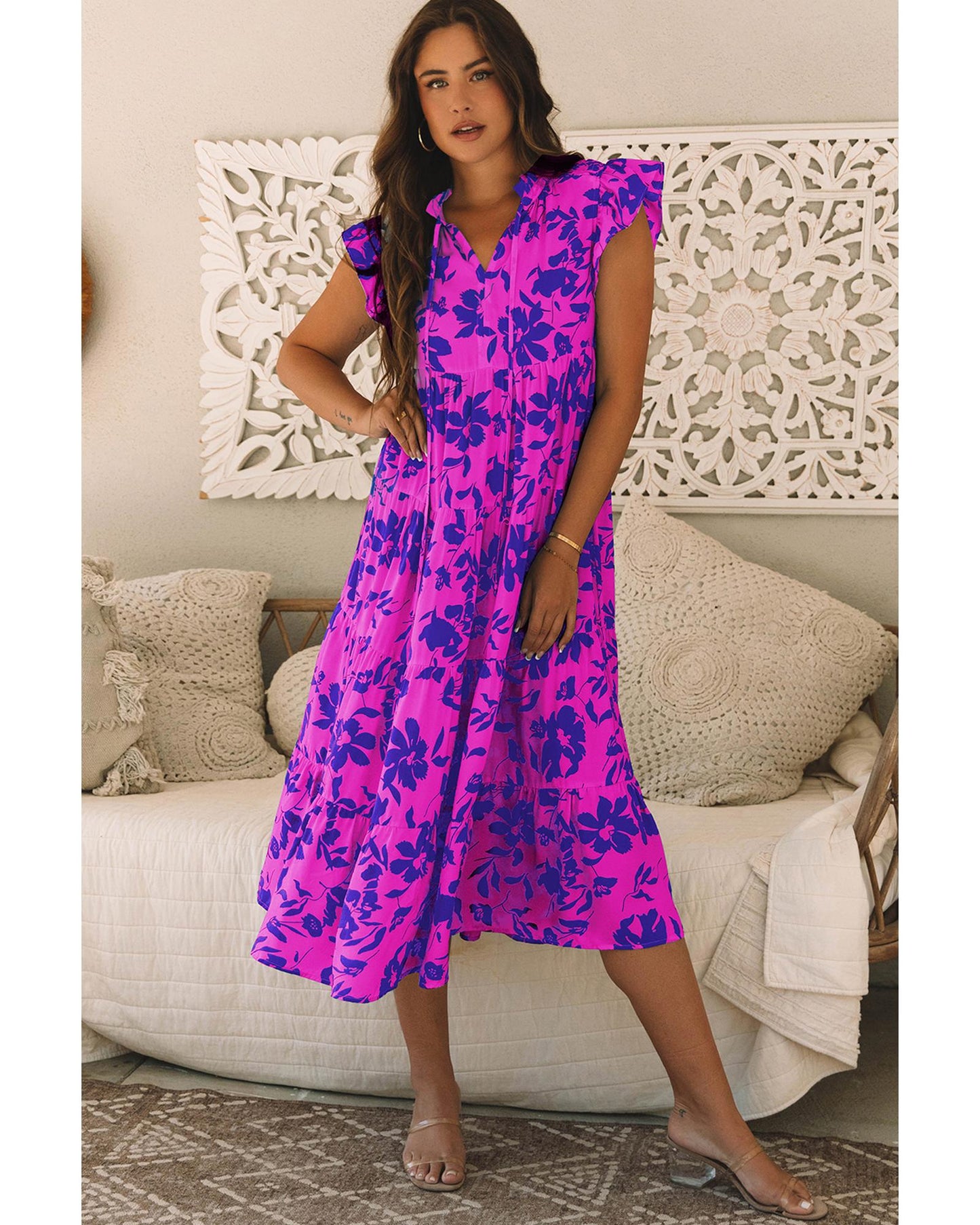 Rose Floral Print Tiered Frilled Trim Flutter Sleeve Maxi Dress - S