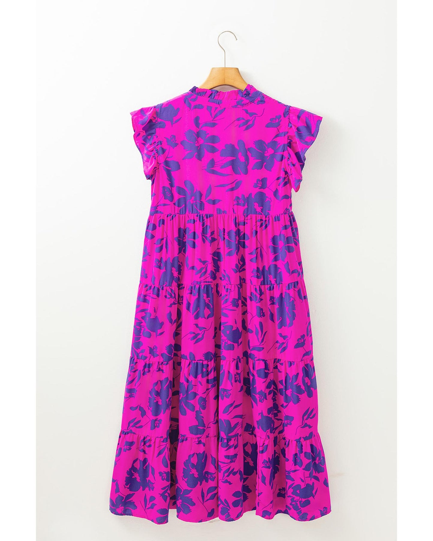 Rose Floral Print Tiered Frilled Trim Flutter Sleeve Maxi Dress - S