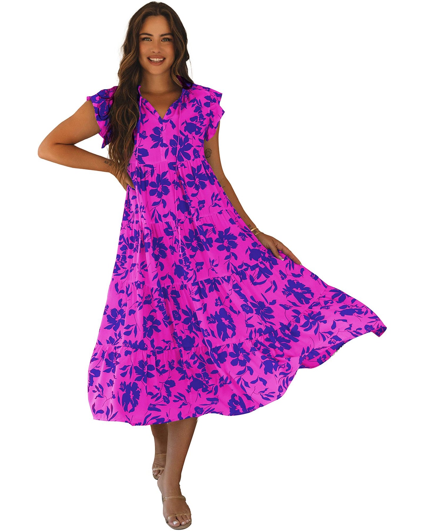 Rose Floral Print Tiered Frilled Trim Flutter Sleeve Maxi Dress - S