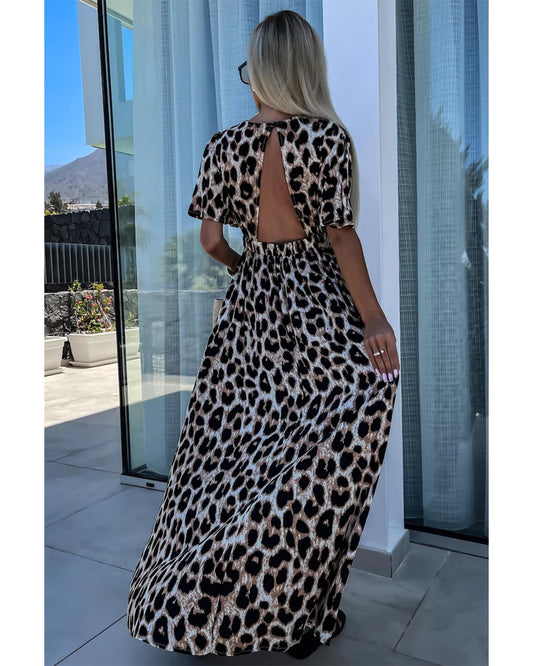 Khaki Leopard V Neck Cinched High Waist Open Back Maxi Dress - M