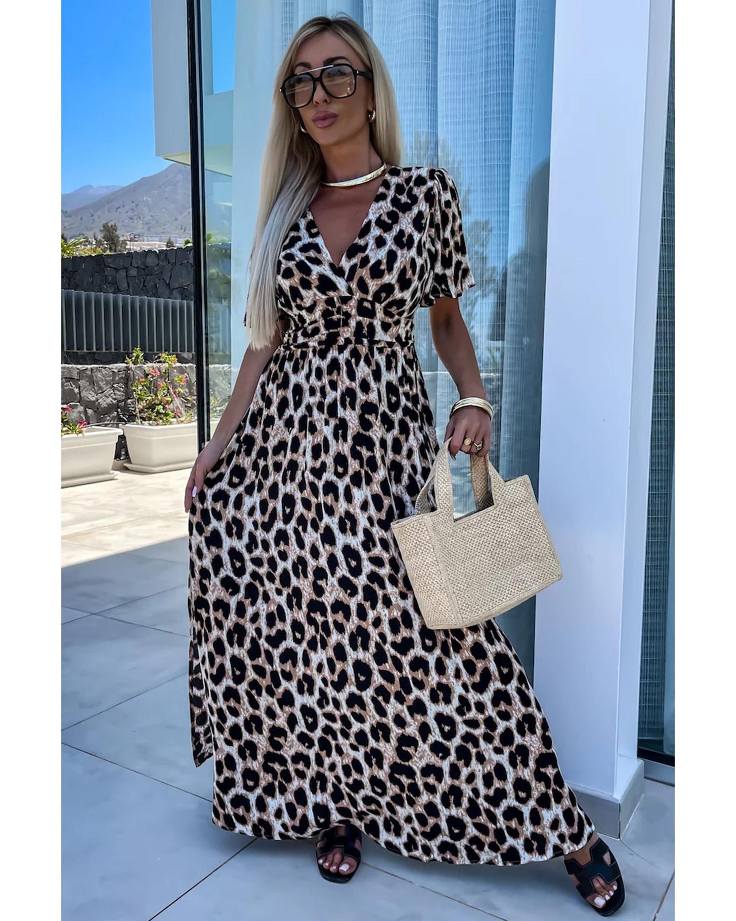Khaki Leopard V Neck Cinched High Waist Open Back Maxi Dress - M